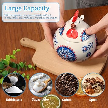 Hand-Painted Ceramic Rooster Salt Cellar, 400ml Novelty Floral Cookie Jar Condiment Pot with Lid and Spoon, Rustic Farmhouse Kitchen Table Decor Sugar Bowl Storage Container, 11x13.5cm