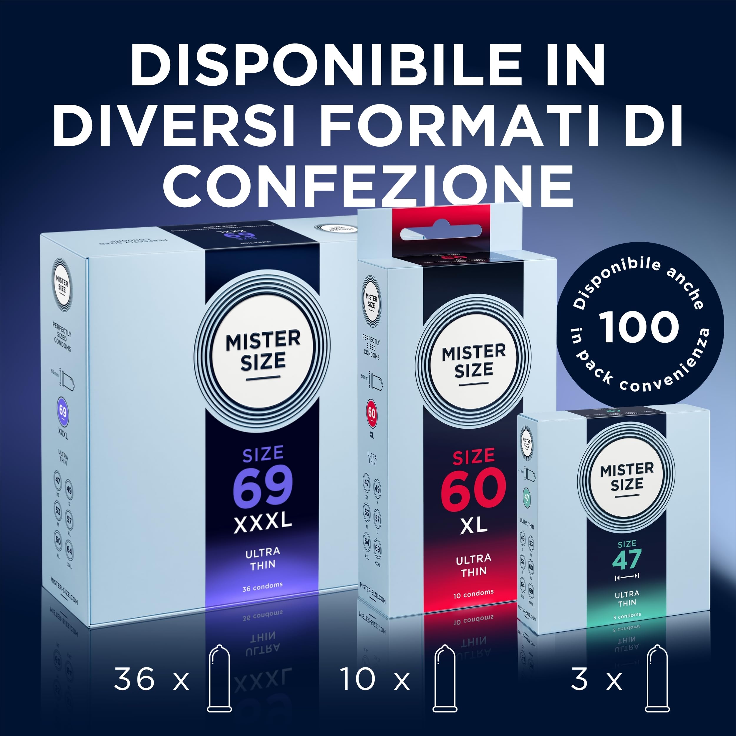 MISTER SIZE Preservativi 47 mm (100 pezzi) extra sottili 0,05 mm, extra lubrificati, vestibilità precisa, lattice naturale, trasparenti, vegani, CE 0123