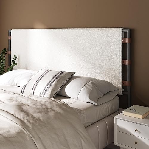 Miniatura 9 de Nathan James Harlow - Cabecera colgante moderna de pared, tamaño King, gris con correas de piel sintética marrón Gris con correas de piel sintética