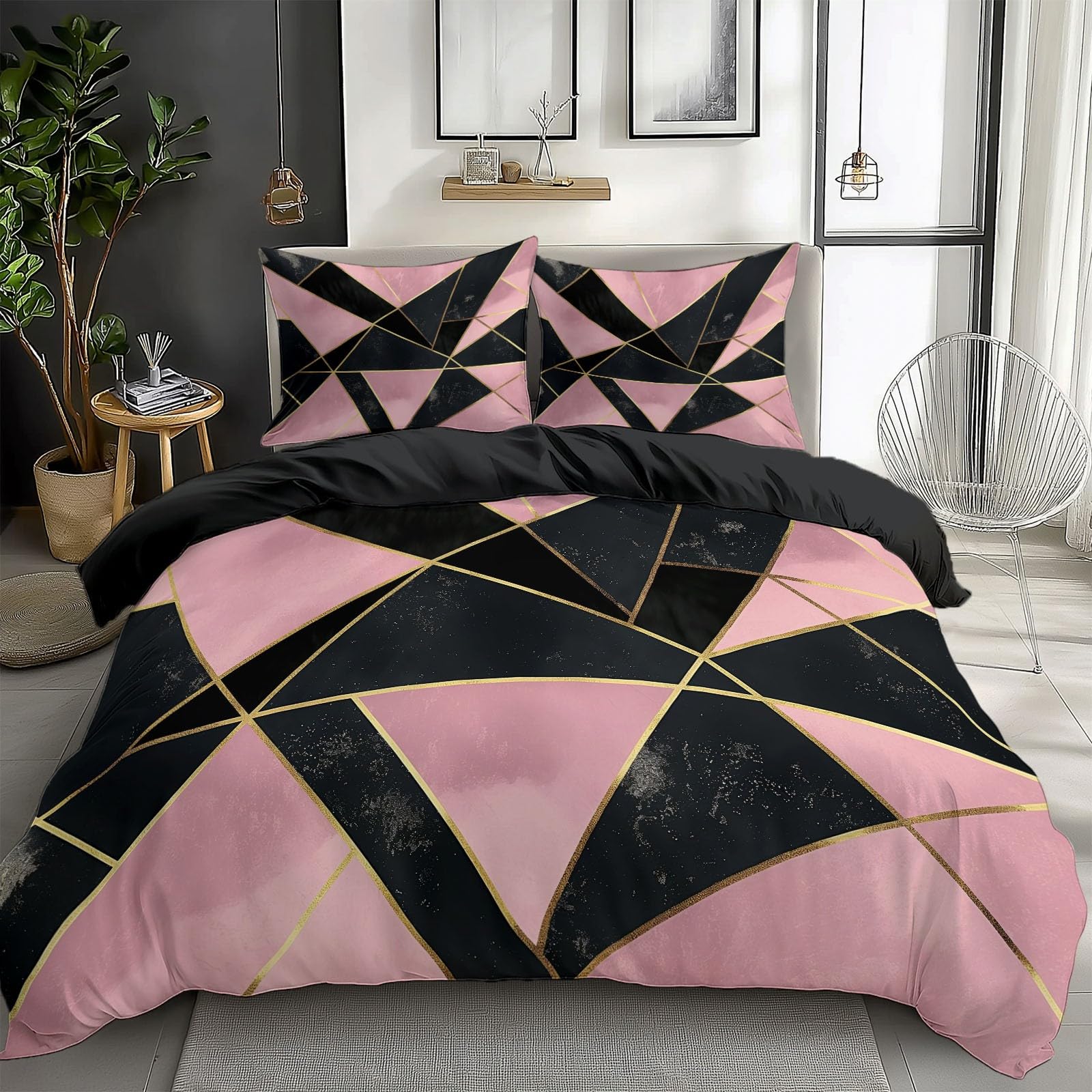 Juego de funda nórdica con estampado Minimalista Geométrico Triángulo para adultos, adolescentes De Microfibra con Cremallera Negro Funda nórdica Lavable - 135 x 200 cm Ropa de cama