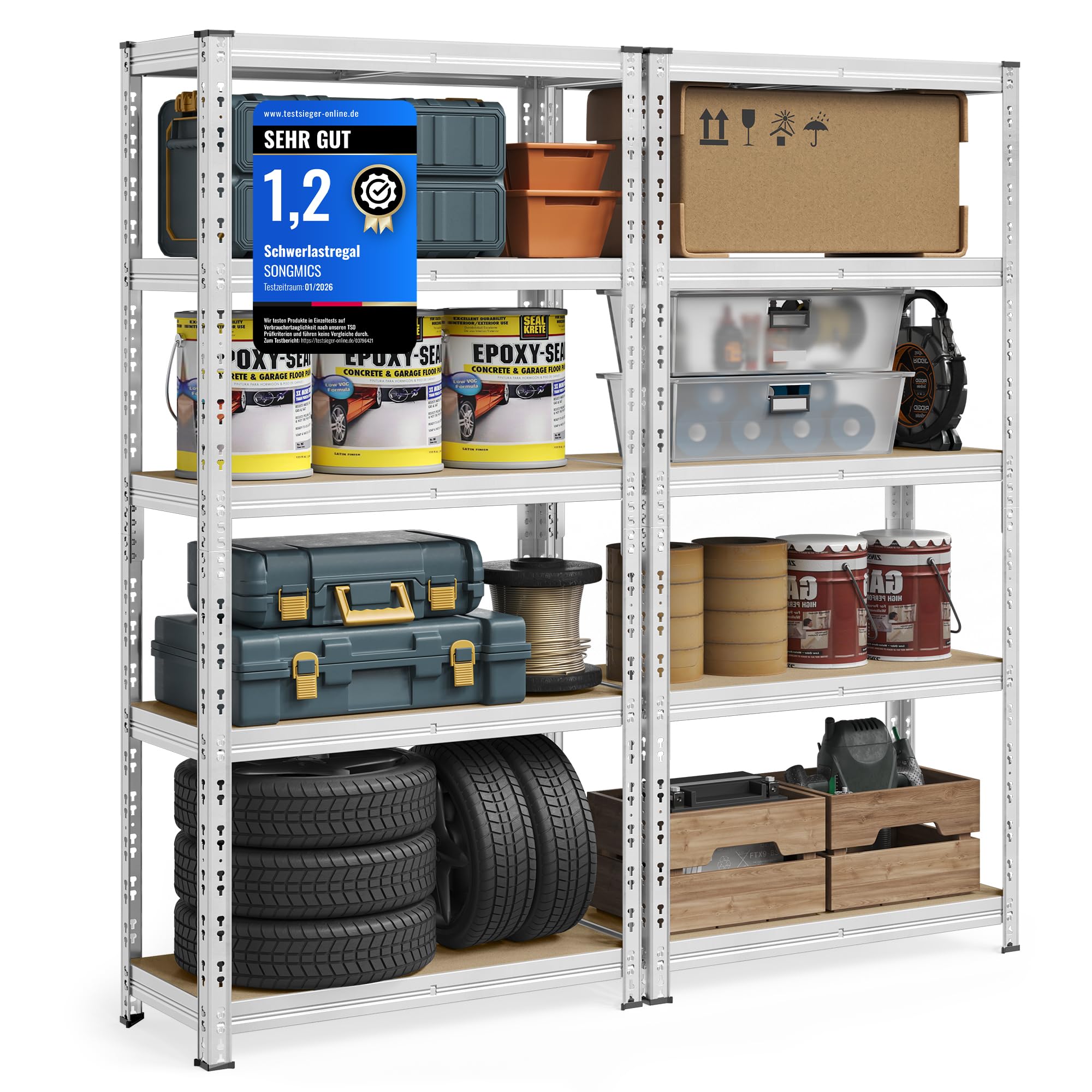 SONGMICS Schwerlastregal, 2er Set, Kellerregal, 40 x 90 x 180 cm, bis 875 kg belastbar, einfache Montage, Lagerregal, verstellbare Ablagen, Lagerregal, silbern GLR455E01