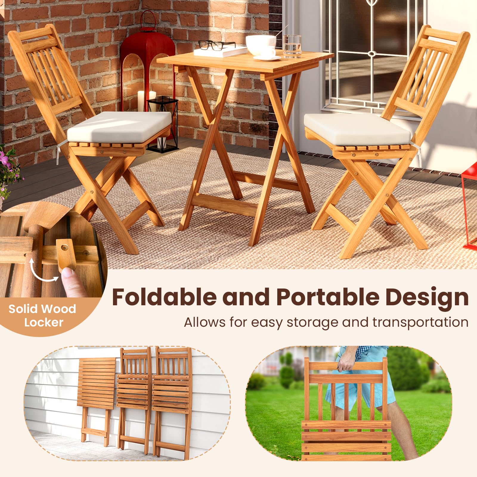 GIANTEX Juego de Bistró 3 Piezas Plegables, Mesa Cuadrada y 2 Sillas de Madera de Acacia con 2 Cojines de Asiento Desmontables, Conjunto de Muebles para Jardín, Balcón, Patio (Listones Verticales)