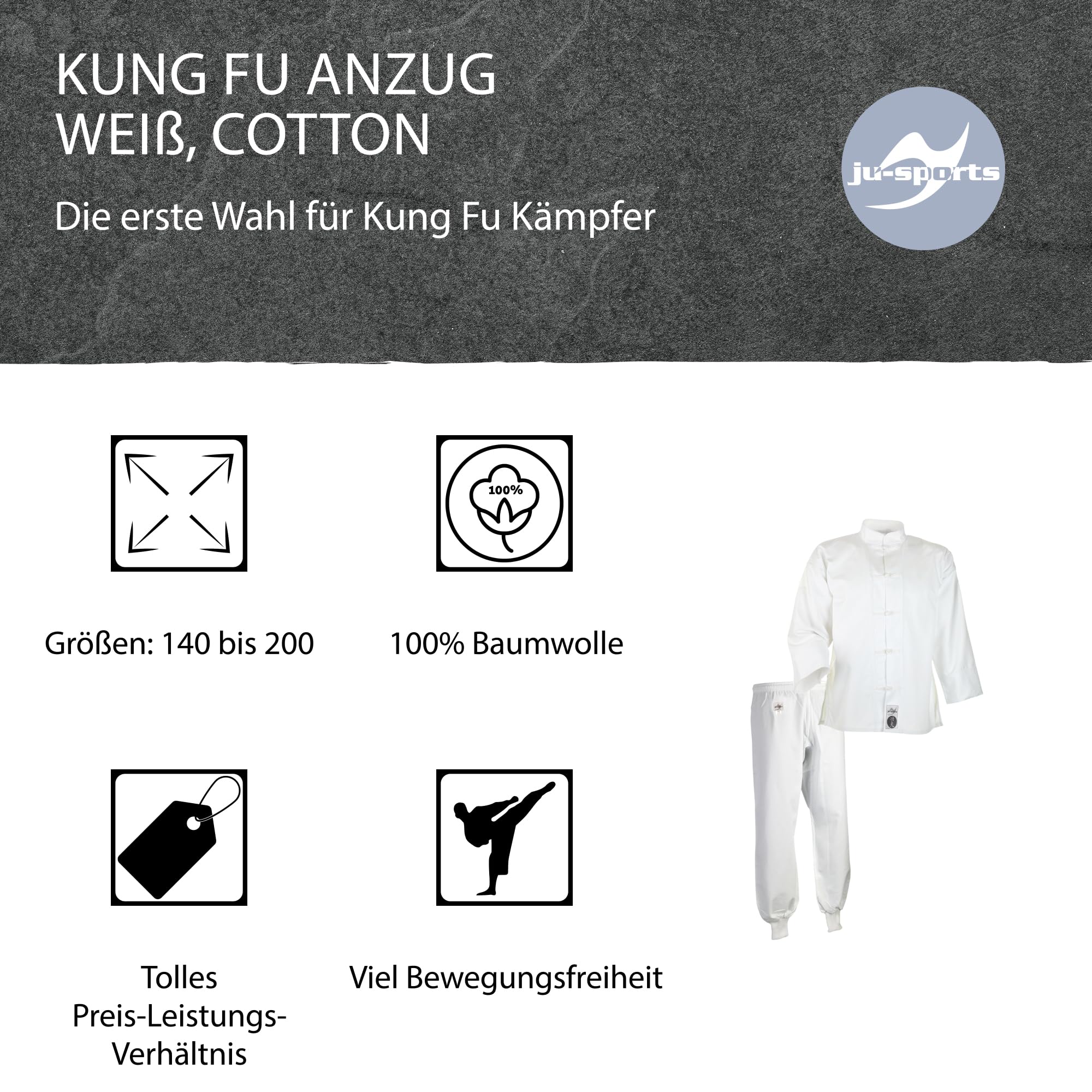 Ju-Sports Kung Fu Anzug Weiß, Cotton I Solider Kampfanzug im klassischen Schnitt I Mit Kordelknöpfen & Bündchenhose mit Elasikbund I 100% Baumwolle