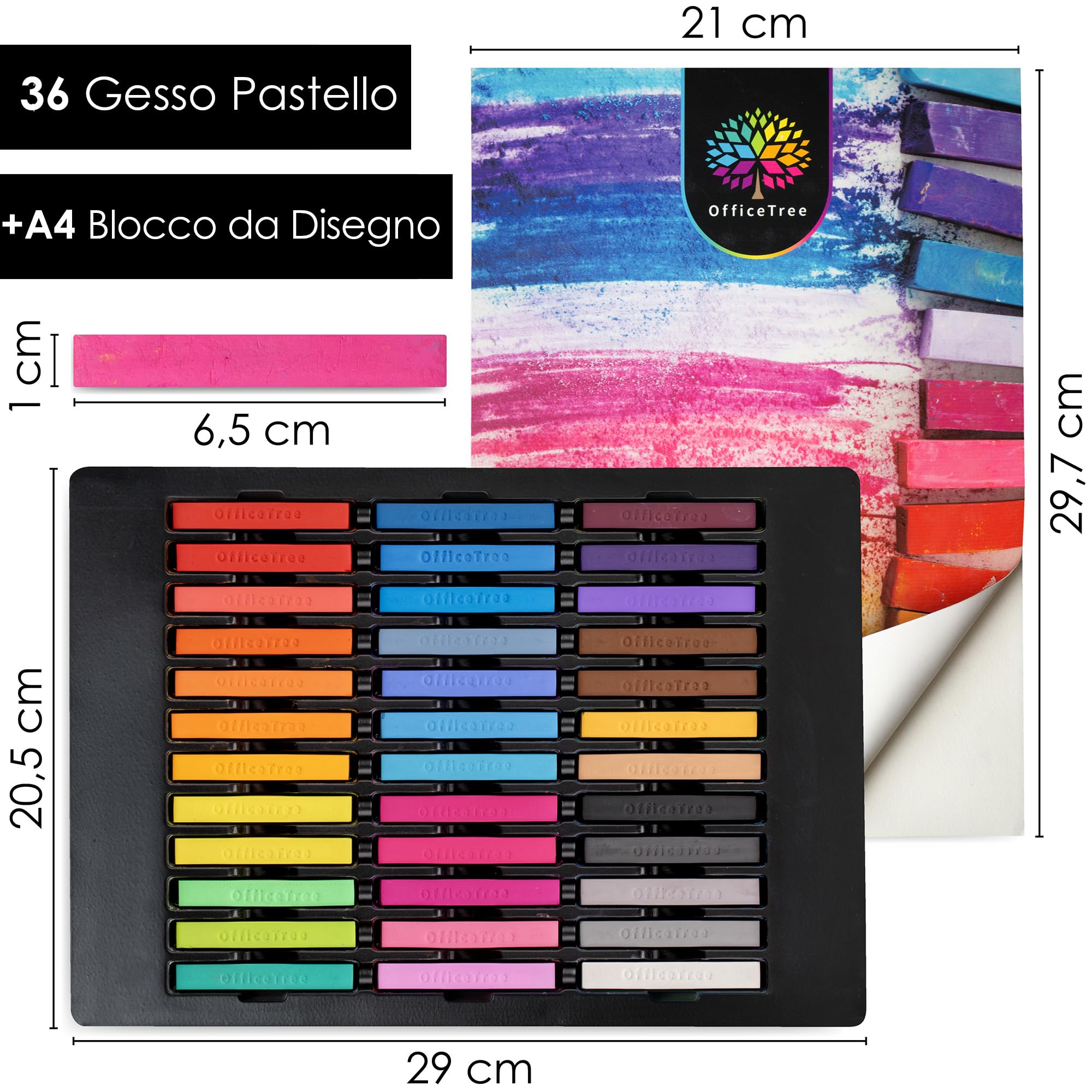 OfficeTree 36 pastelli a gesso per artisti, pastelli morbidi con blocco per schizzi, colori vivaci, set di pastelli