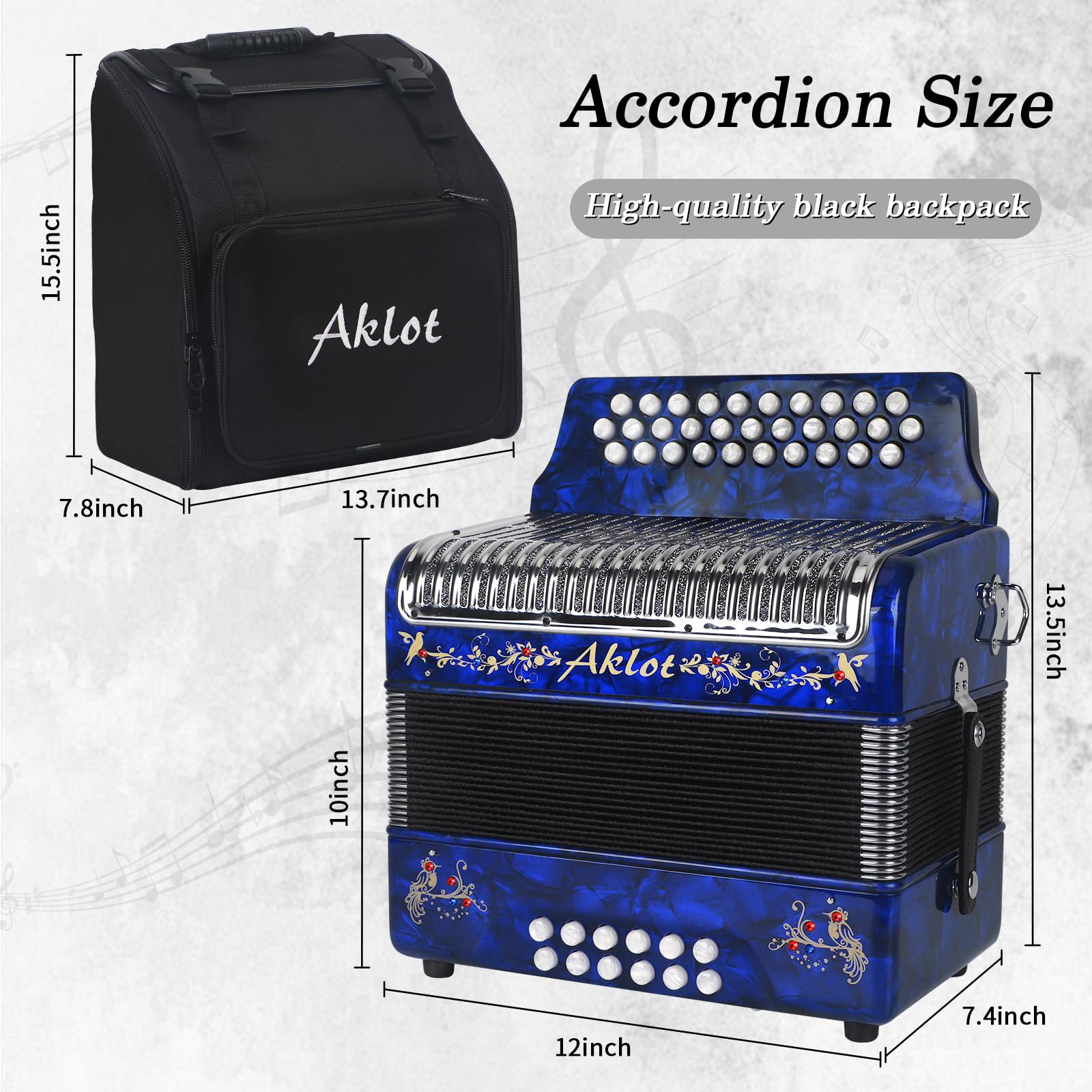 Acordeón, acordeón de 31 teclas y 12 bases G/C/F, instrumentos de acordeón diatónico, acordeón para adultos con funda de transporte, correa (diamante de imitación integrado) azul