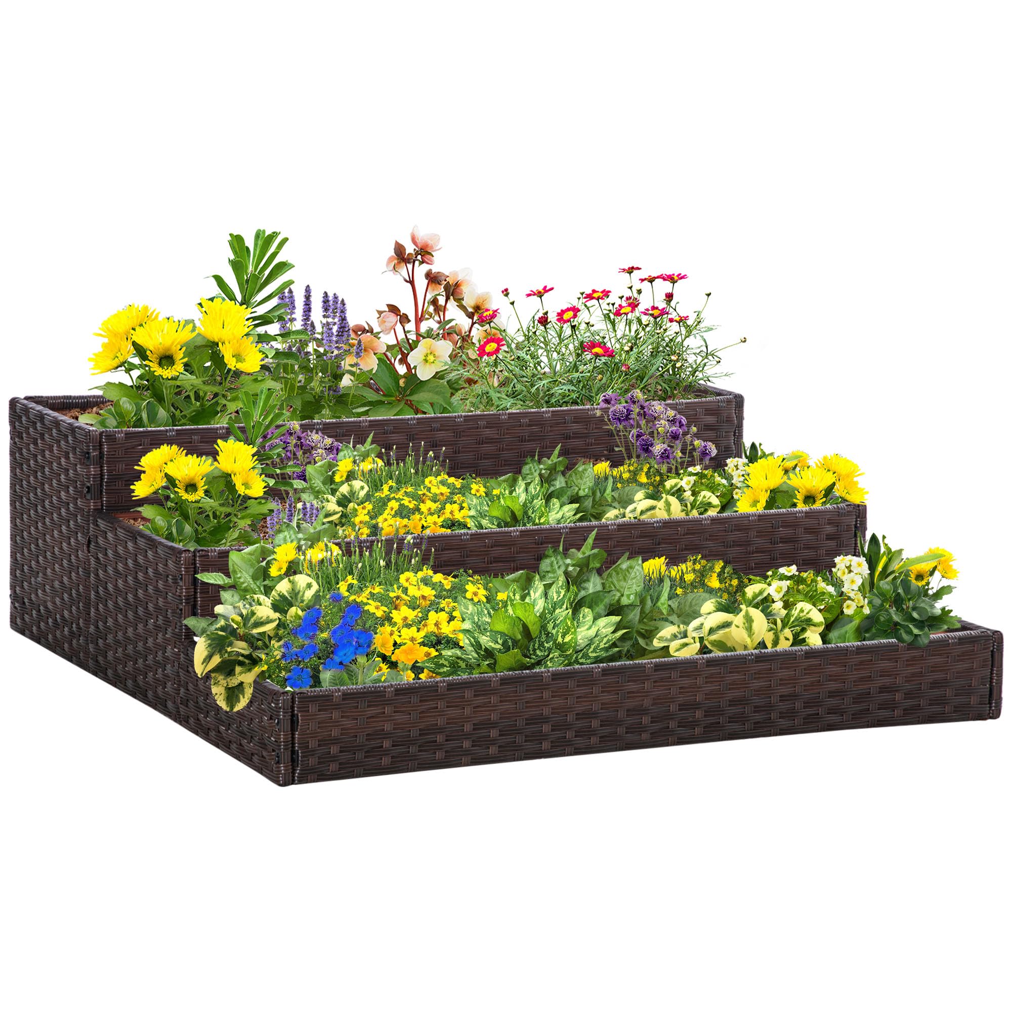 Outsunny Letto per Orto Rialzato a 3 Livelli in Rattan con Fondo Aperto, Orto Rialzato da Esterno per Verdure, Fiori e Piante, 120x120x40 cm, Grigio Talpa