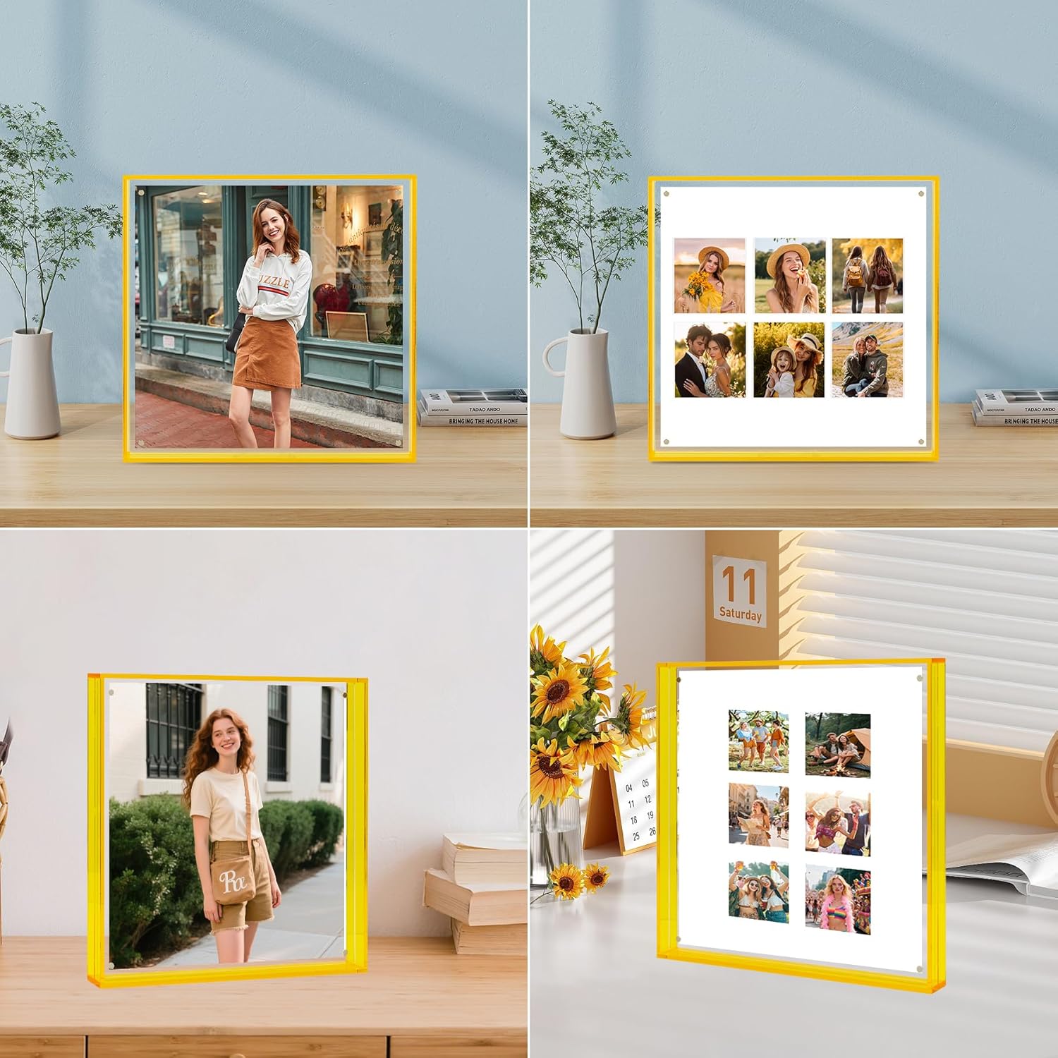 10x10 Frame, Acrylic Glass Photo Frames with HD Acrylic, Fits 8x8 with Mat or 10 x 10 without Mat, Display for Wall and Table, 3Pack For Christmas & Happy New Year (Art Deco, Lemon Yellow, 10X10-3Pack)