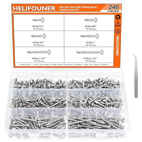 HELIFOUNER 240 piezas #10 x12", 58", 34", 1", 1-14", 1-12", 1-12", kit de surtido de tornillos de chapa de metal, acero inoxidable 410