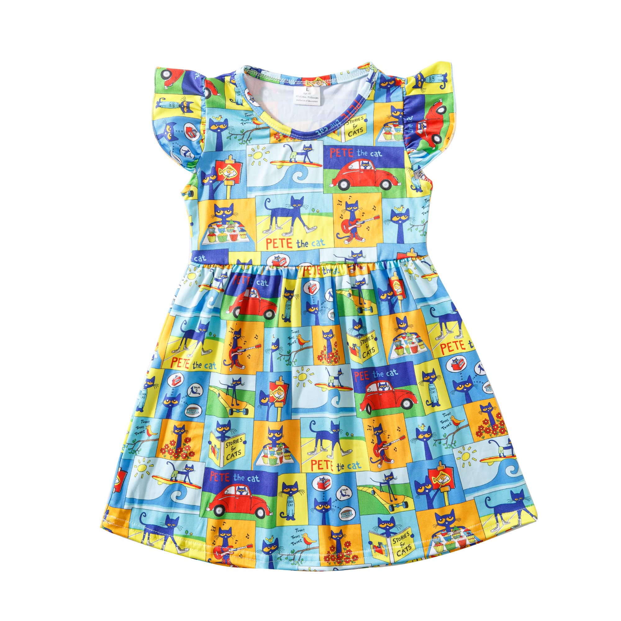 Toddler Girls Cat Back to School Dress Cartoon Twirl Dress Flutter Sleeve Clothes