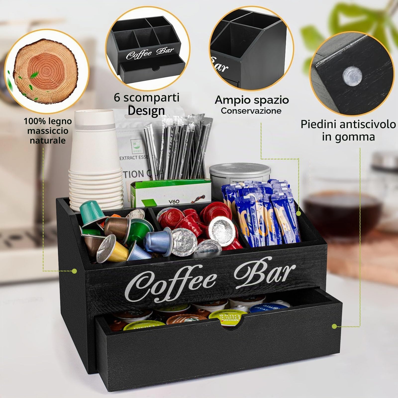 Porta Cialde Caffe Porta Capsule Caffe,Portacialde da Caffè | Porta Tisane in Pineta con 1 Cassetto per Organizzare Capsule, Cialde,Tisane,Zucchero,Cannucce,Bicchierini da Caffè (Nero)