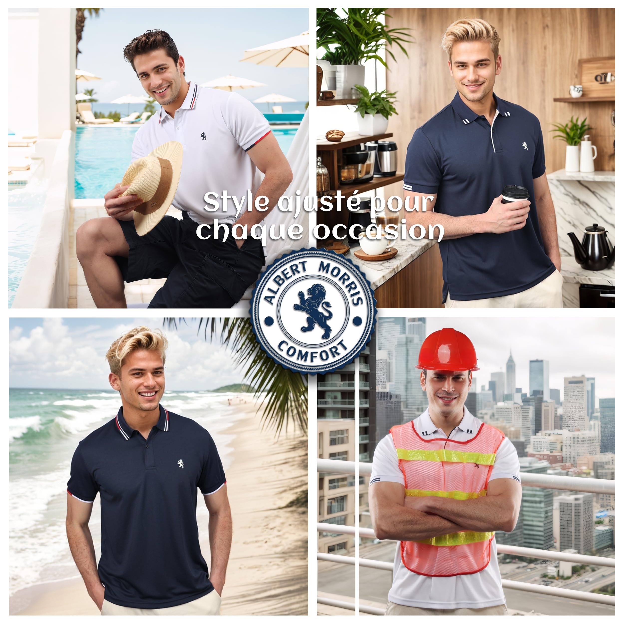 Albert Morris Polo Shirts pour Homme - Manches Courtes, Respirant, Séchage Rapide, Protection UV, Coupe Classique, Été Golf, Style Sportif Business Décontracté