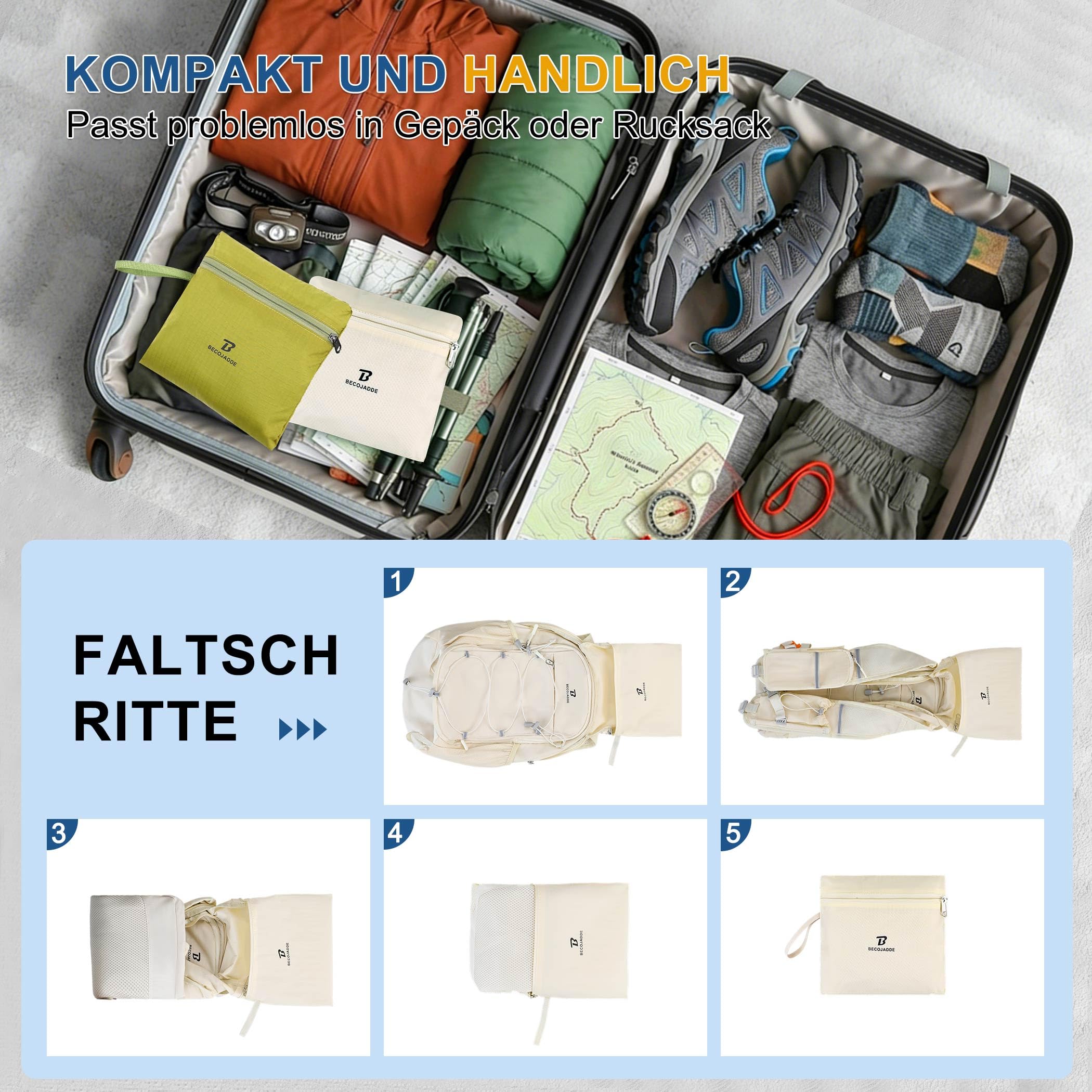 BECOJADDE 15L Kleiner Wanderrucksack Tagesrucksack Herren Damen Leichter Faltbarer Rucksack mit Brustgurt und Rückenbelüftung für Wandern Daypack Travel Rad und Ausflug, Beige