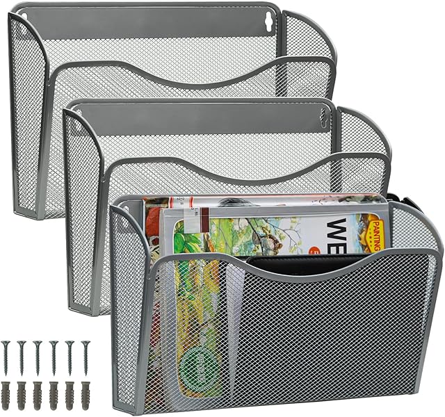 ESYLIFE 3 Pocket Wall Hanging File Holder Mesh Wall Mount File Organiser A4 Document Folder, Silver