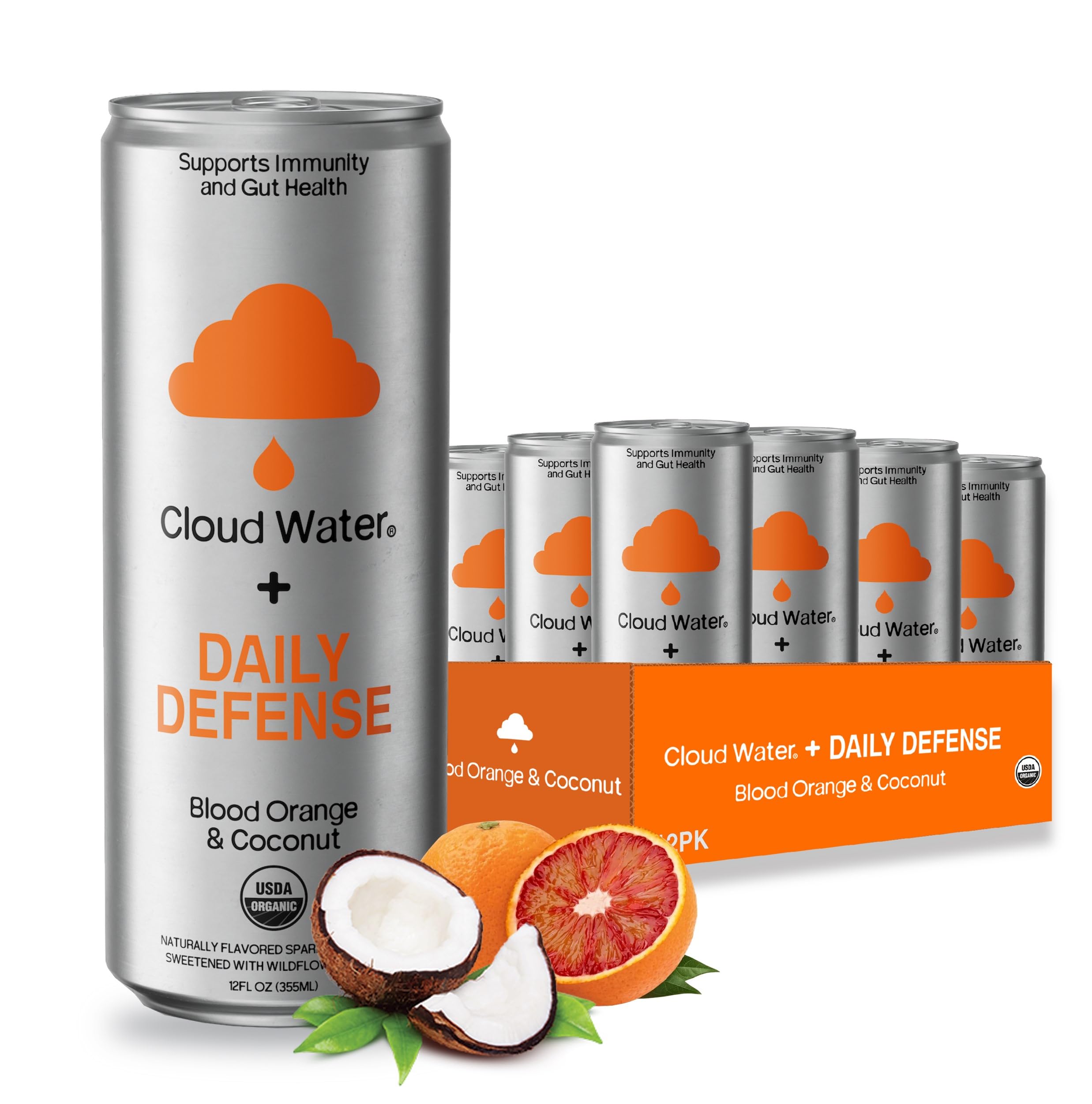 Cloud Water Brands Immune Support & Gut Health by w/Vitamin C, Vitamin D3, Zinc & Prebiotic Soda, Flavored Sparkling Cans, Blood Orange & Coconut Flavor, Gluten Free, Organic, No Stevia, 12 Pk (12 FL