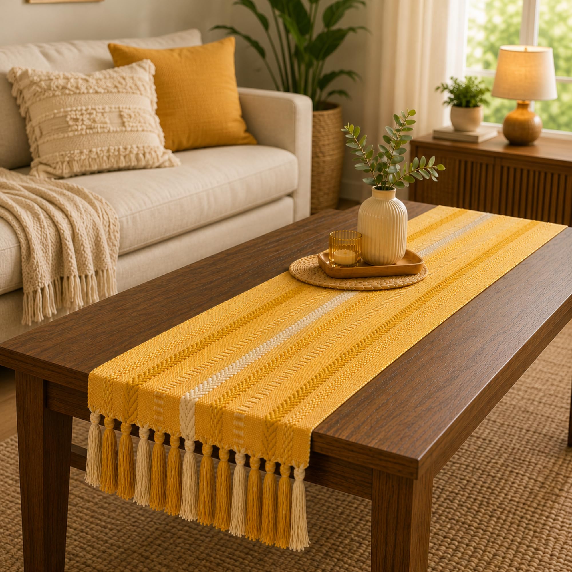 tarantaran mustard yellow table runner with tassels | macrame cotton dining table runner for home decor