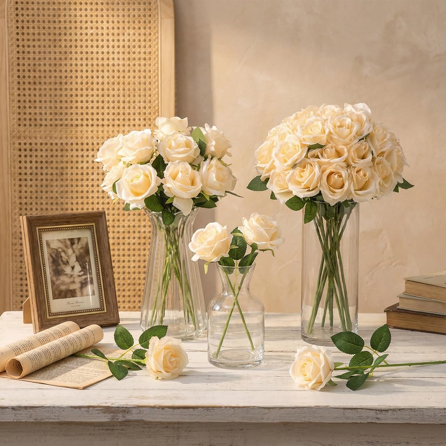 Jexine 60 PCS Artificial Roses Bulk Silk Flowers with Long Stems, Realistic Faux Rose Bouquet for Wedding Centerpieces, Valentine’s Party, Decor Home (Champagne)