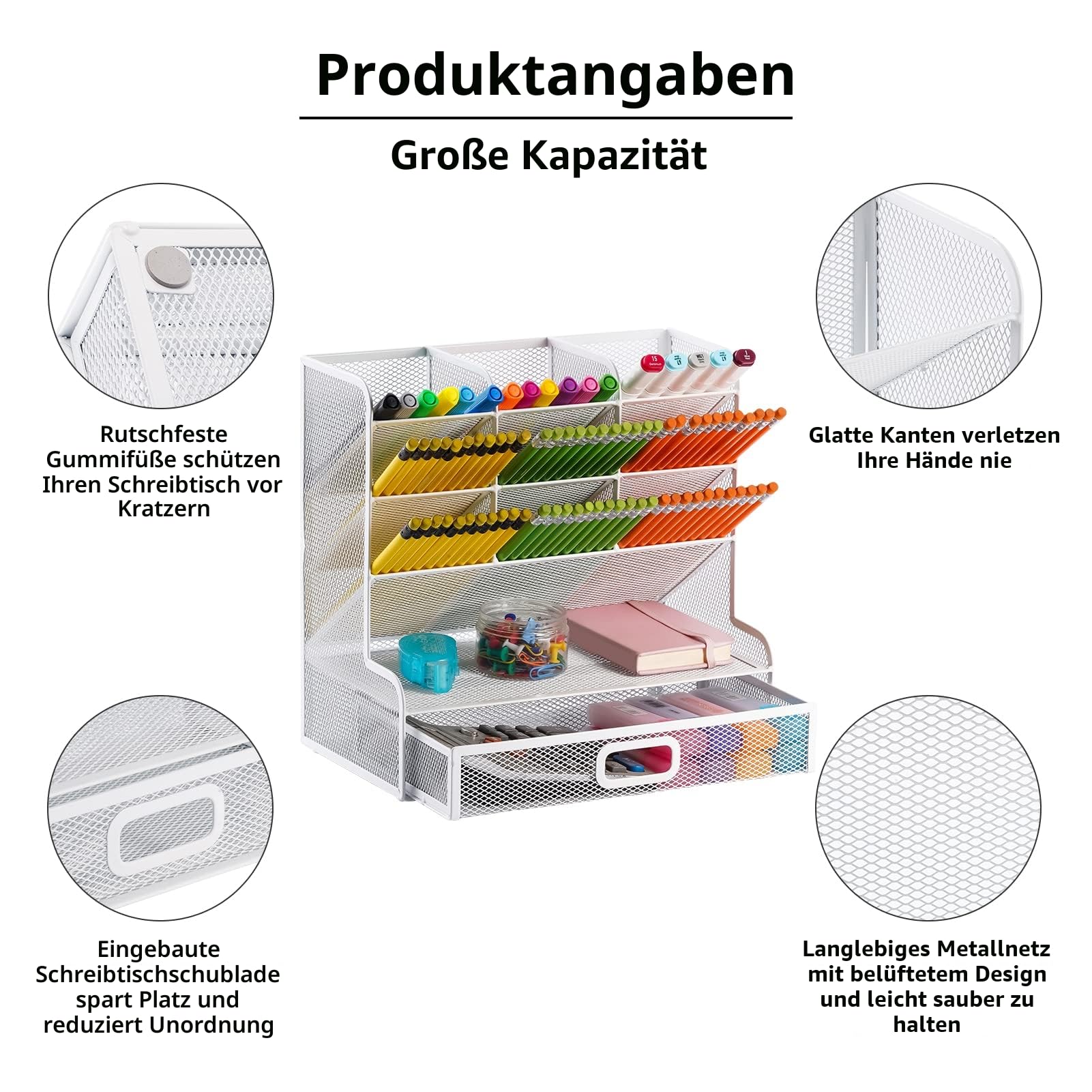 Marbrasse Netz-Schreibtisch-Organizer,Multifunktionaler Stiftehalter,Organizer Schreibtisch,Aufbewahrungs Regal für Schul und Heim Büro Bedarf (Weiß mit Schublade)