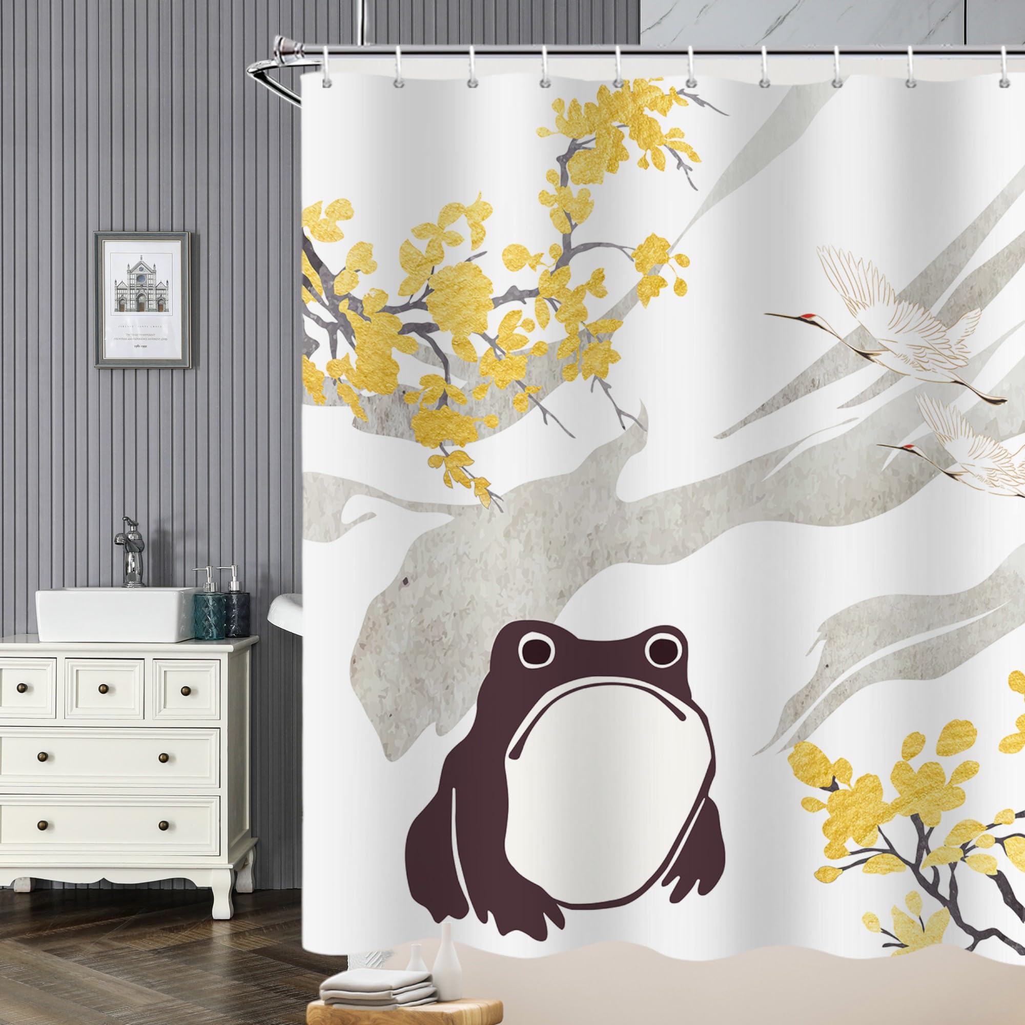GBYcLyw Stall Funny Shower Curtain Unimpressed Frog Japanese Style Shower Curtain Sets Anime Art Cute Bath Curtain Waterproof Fabric Asian Curtain for Bathroom 60x72 inches