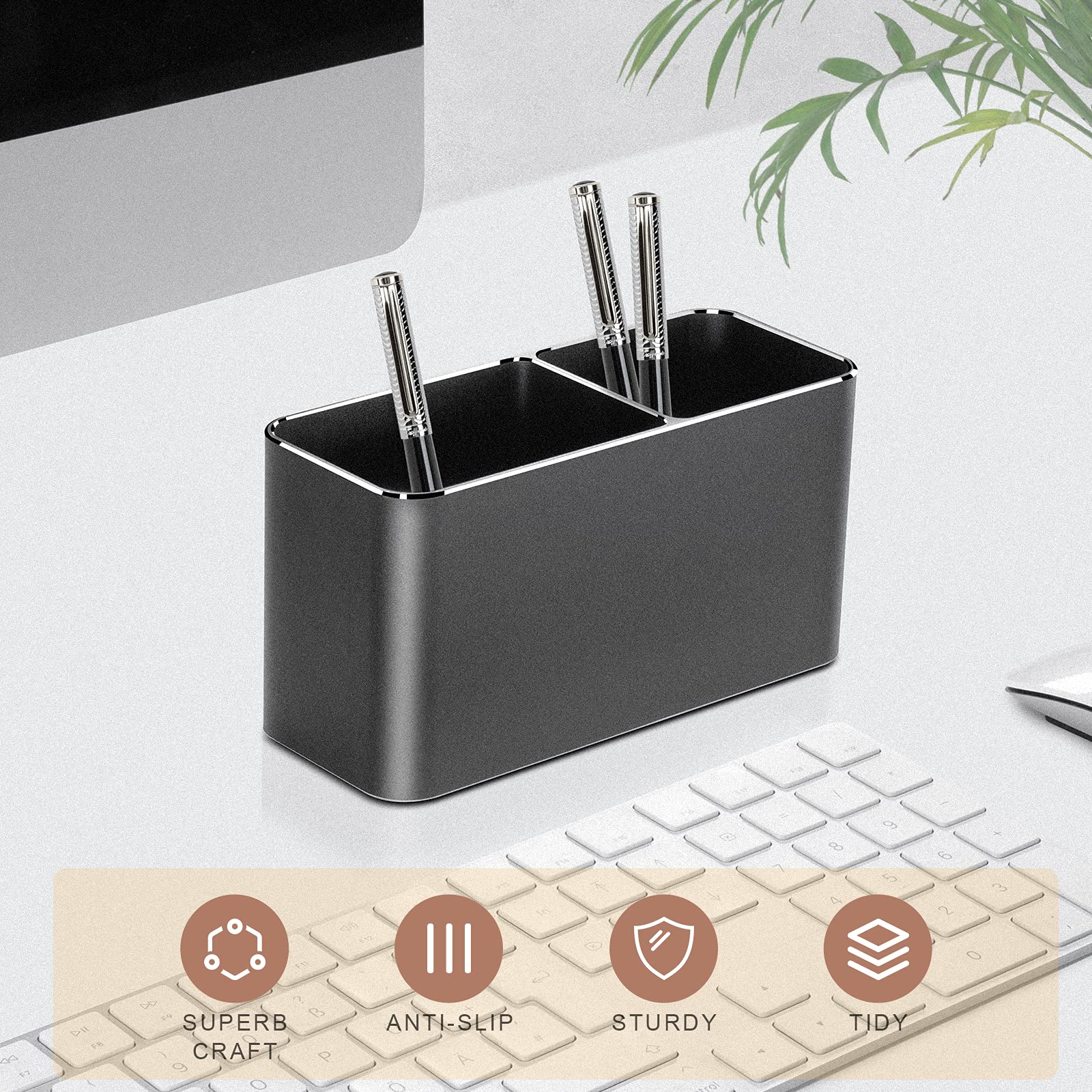 VAYDEER Portapenne Quadrato a 2 Scomparti in Alluminio, Nero | Struttura in alluminio stabile con base antiscivolo per organizzare penne, matite e piccoli accessori da scrivania.