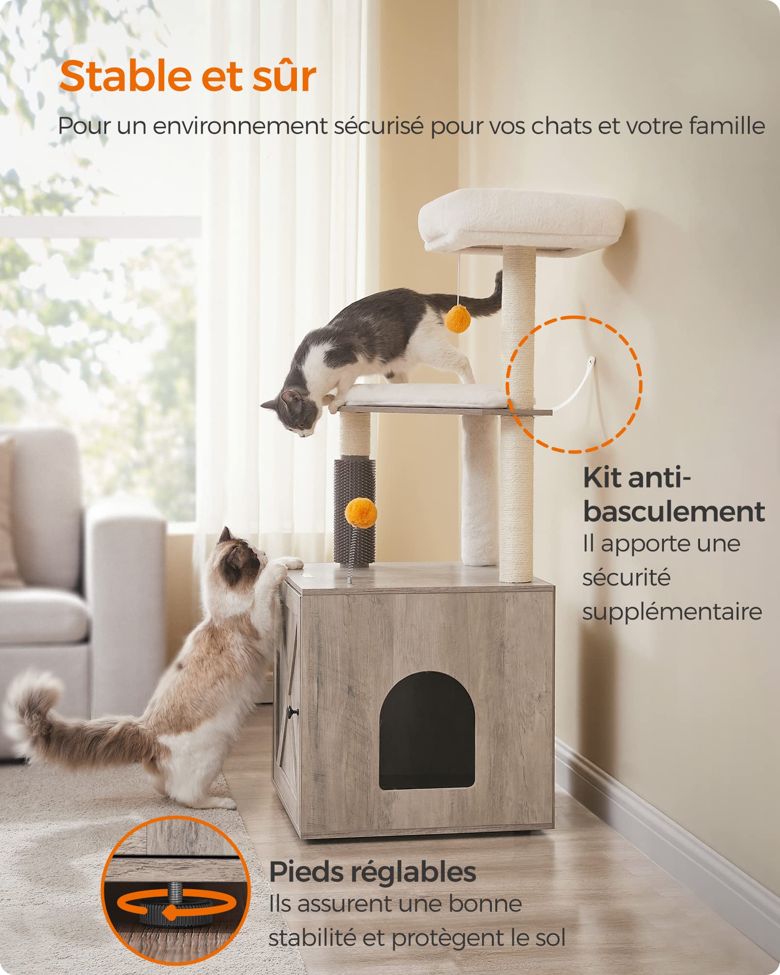 Feandrea Arbre à Chat 2-en-1 avec Maison de Toilettes, 134 cm