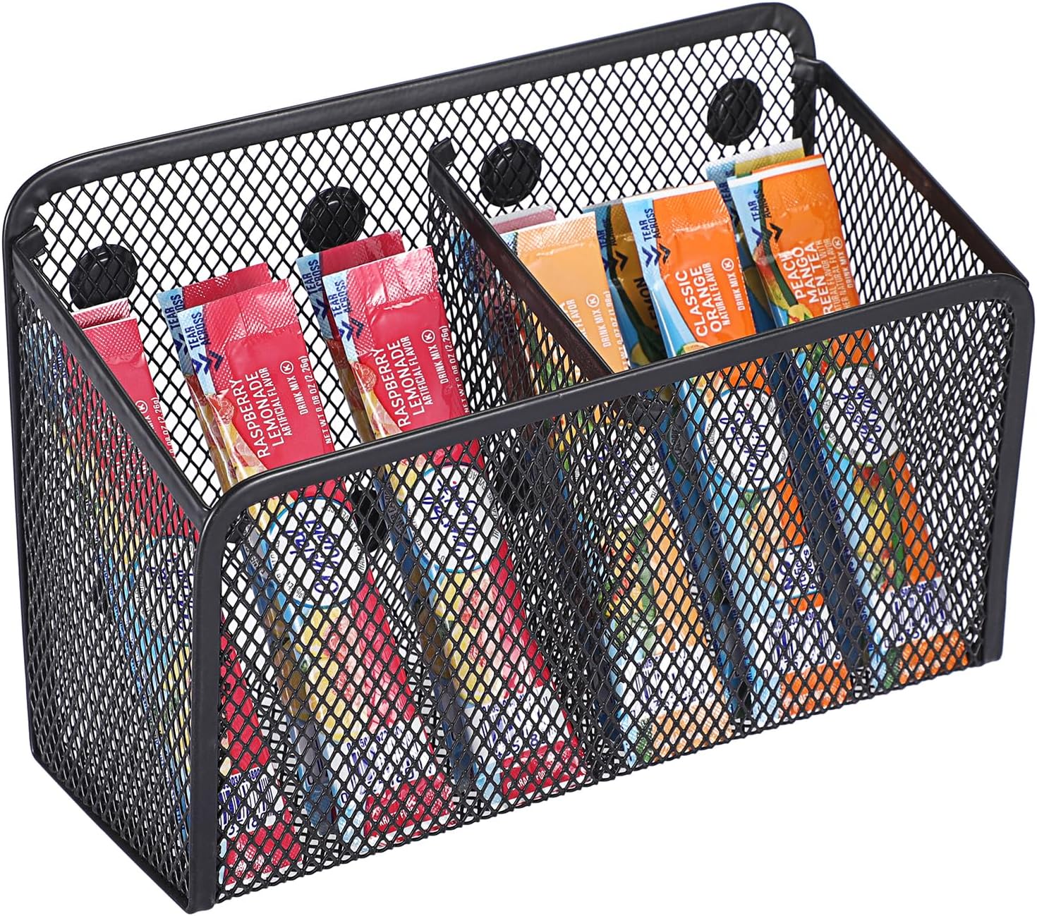 ELLDOO Magnetic Water Drink Packet Holder, 2 Compartments Magnetic Metal Mesh Tea Bag Organizer Sugar Packet Basket, Kitchen Organizers and Storage for Refrigerator and Countertop