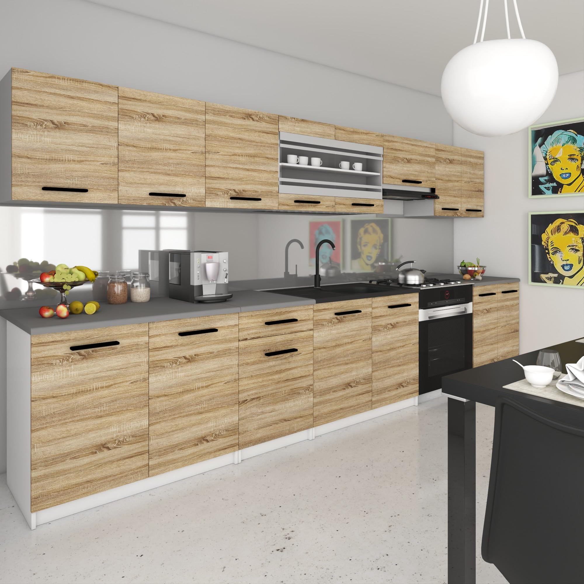 Belini Italia 3 Liniowa szafka kuchenna 320cm Dąb Sonoma | ECONATURA DECOR Liniowa szafka kuchenna, szafka, bez sprzętu AGD, z blatem roboczym