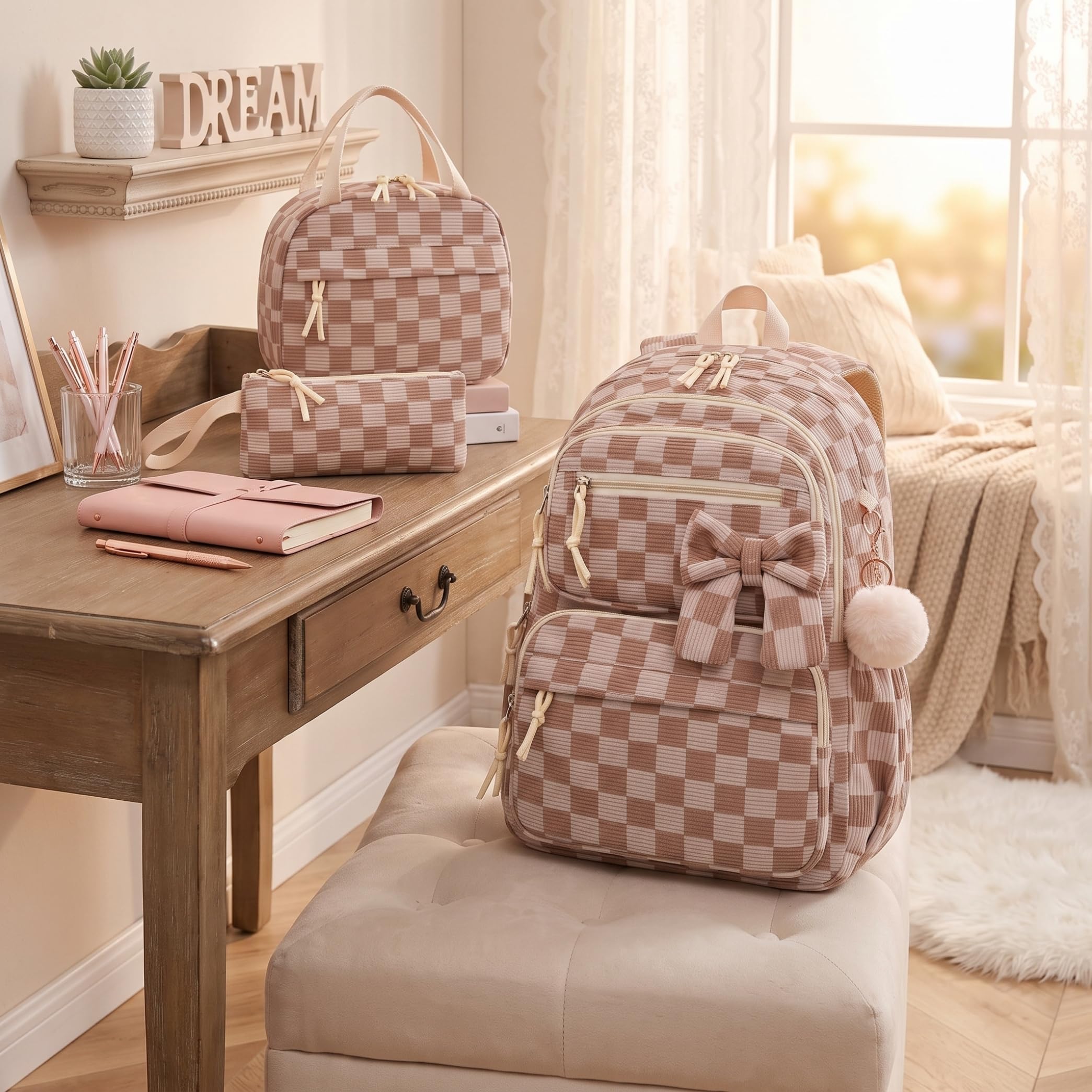Mochila a Cuadros para niñas de 3 Piezas, Mochila espaciosa de Pana con Fiambrera