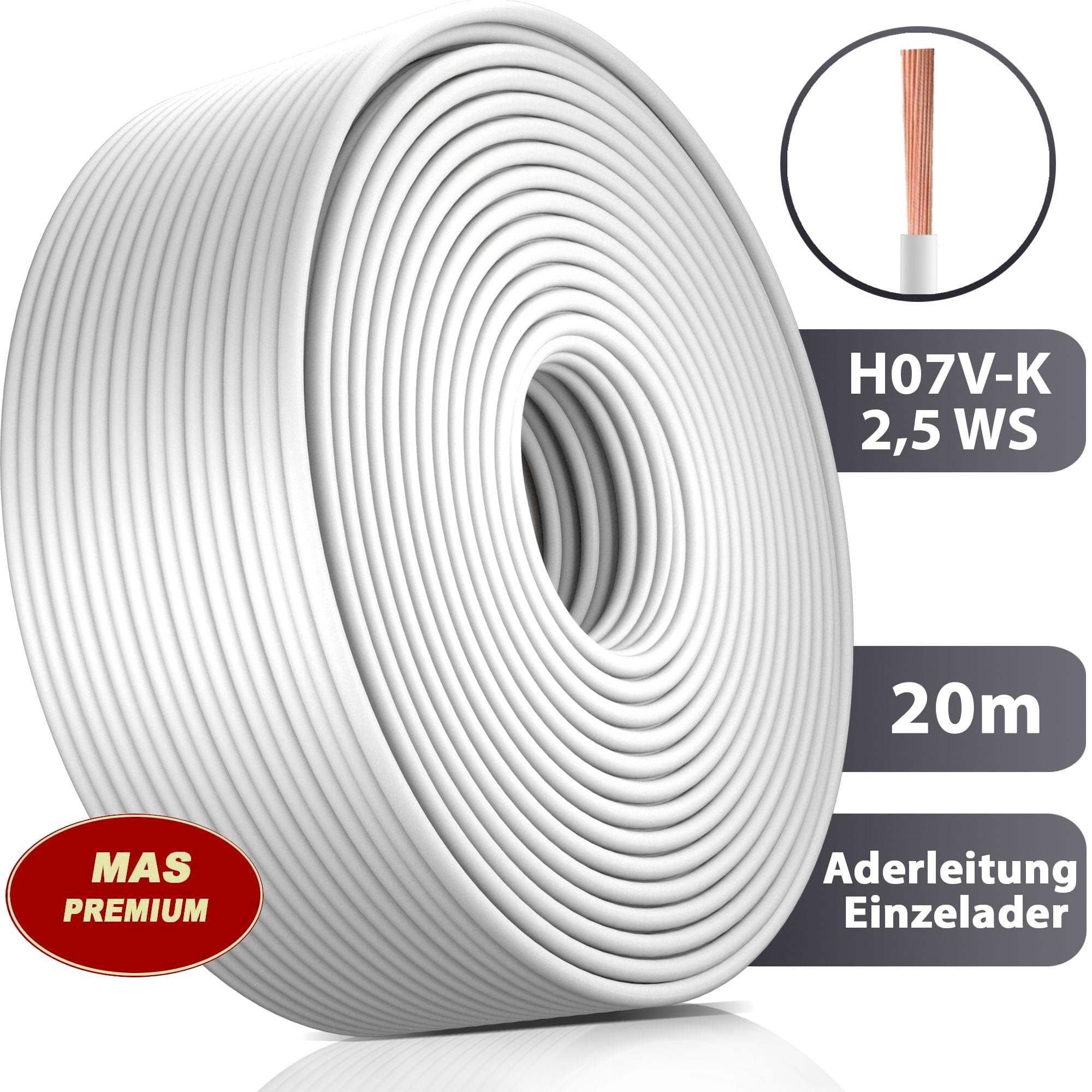 Cable de 5 a 100 m H07 V-K 2,5 mm² negro, azul claro, verde/amarillo, rojo, azul oscuro, marrón, naranja, gris, blanco, violeta o amarillo, cable individual flexible (blanco, 20 m)