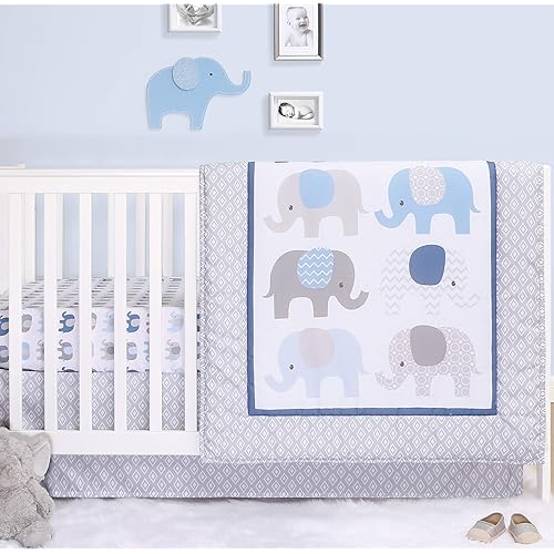 The Peanutshell Elephant Crib Bedding Set - 3 Piece Nursery Set - Crib Comforter, Fitted Crib Sheet, Crib Skirt