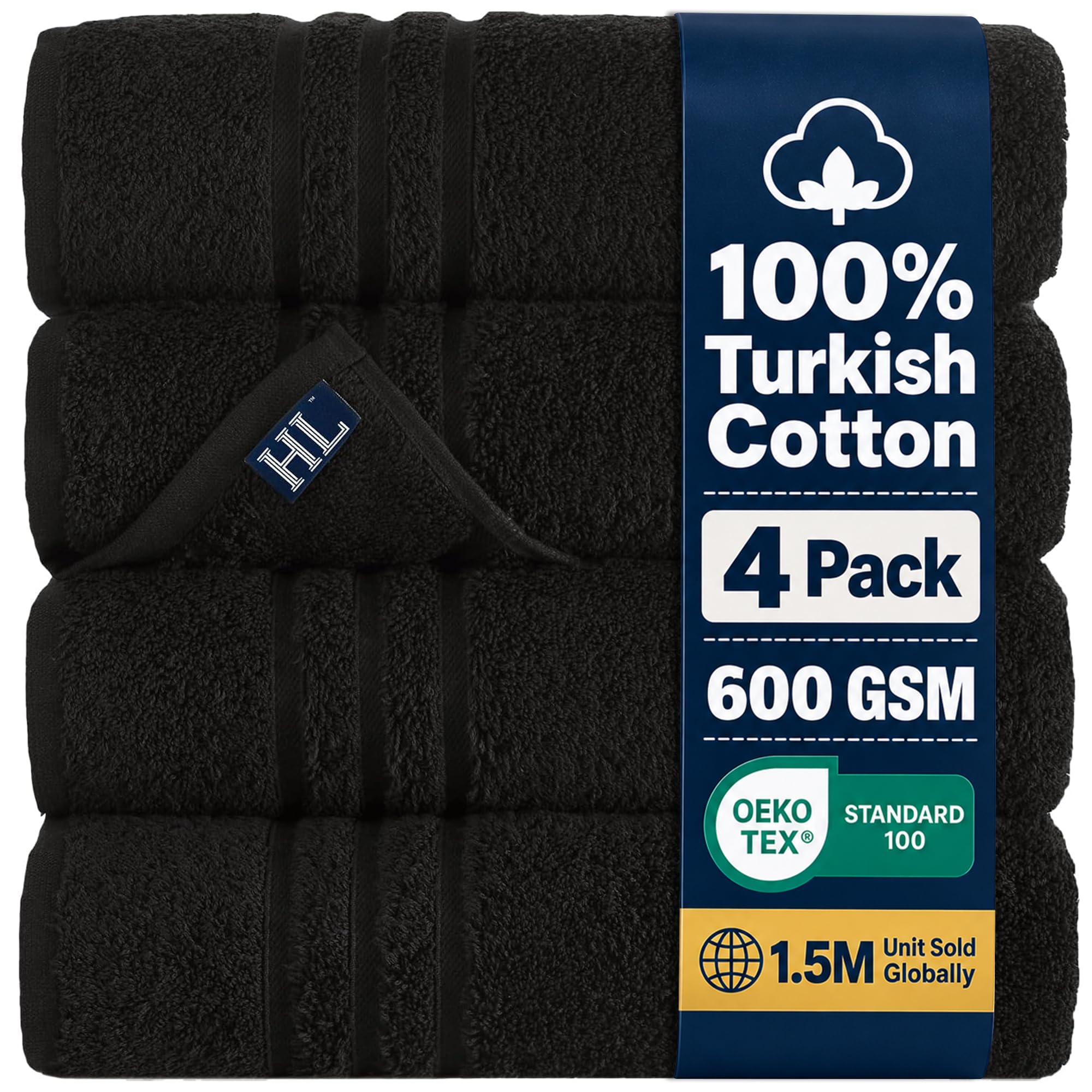Hawmam Bath Linen Towels Large, Turkish Cotton, 4 Pack, Black