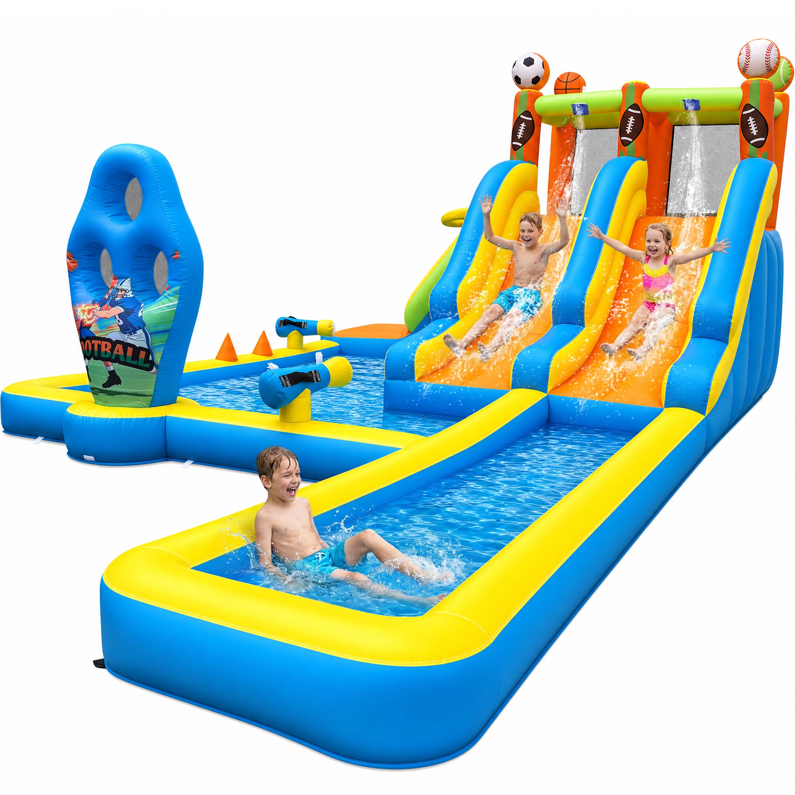 TOAOB Inflatable Water Slide for Kids 3-12: Blow Up Backyard Water Park with 2 Slides - 9 in 1 Football-Themed with 550W Blower for Outdoor Birthday