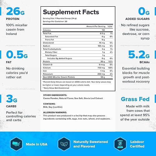 Miniatura 3 de Legion Casein+ Chocolate Pure Micelar Casein Proteína Polvo  Leche de vaca alimentada con hierba sin OMG, sabores naturales y estevia, baja en