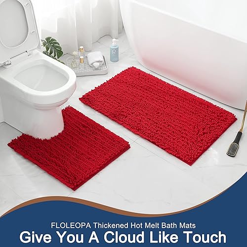 Miniatura 6 de FLOLEOPA - Alfombra de baño contorneada (24 x 20 pulgadas, rojo) alfombra antideslizante para baño, de microfibra suave y absorbente de agua,