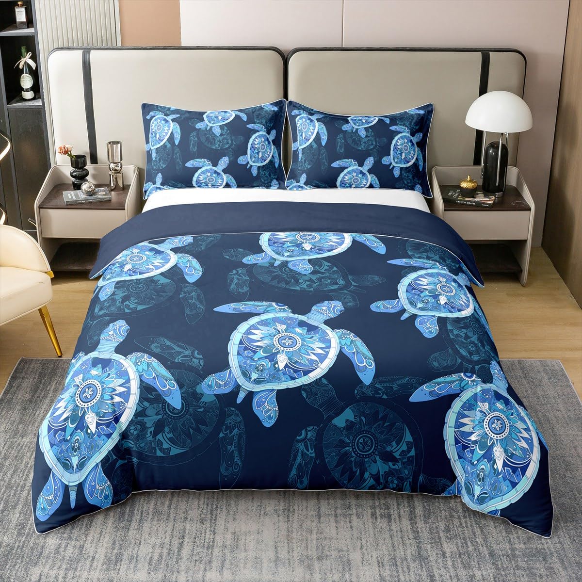 Loussiesd Sea Turtle Bedding Set Double Ocean Comforter Cover Set for Boys Girls Teens Reptile Tortoise 100% Cotton Duvet Cover Animal Bedspread Cover Room Decor Royal Blue Quilt Cover No Comforter