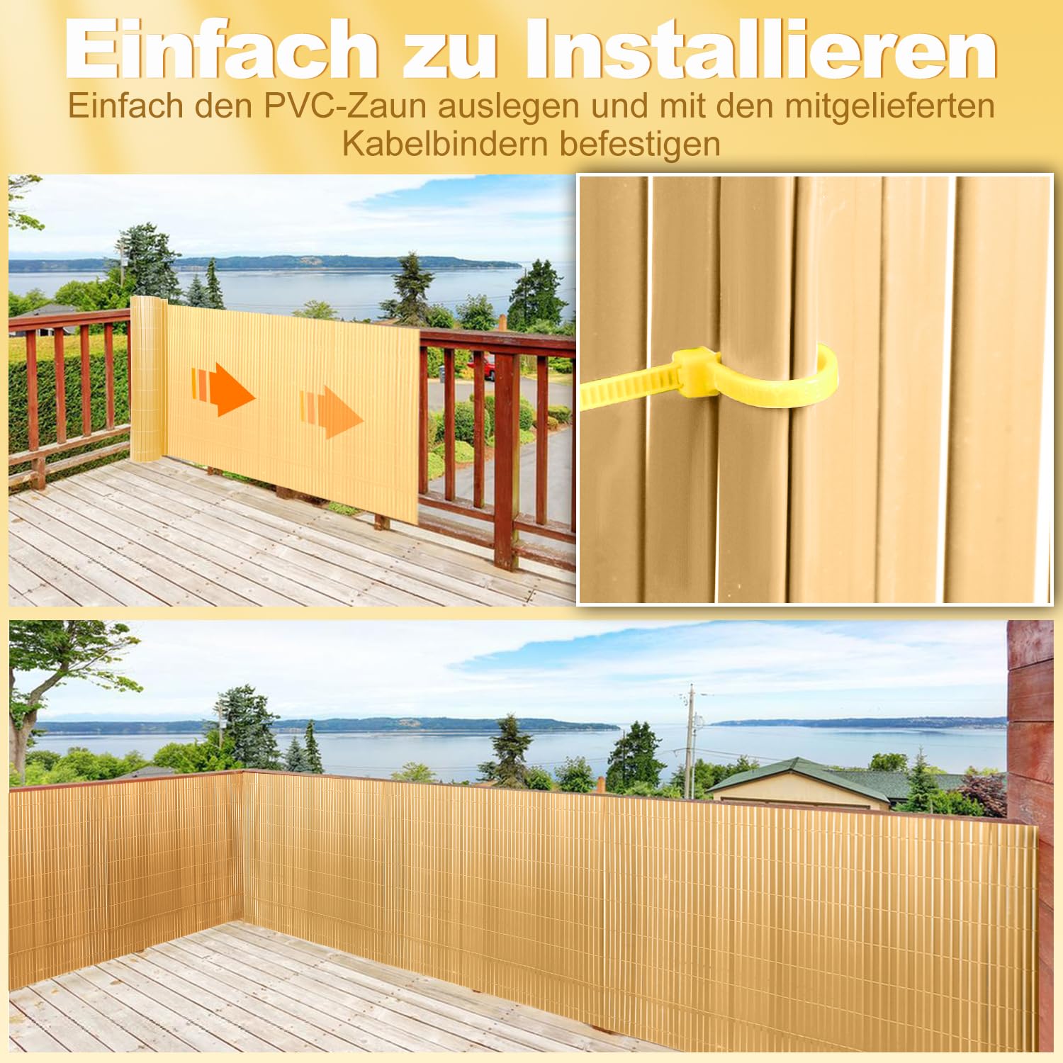 Sichtschutzmatte, PVC Sichtschutzzaun, 4-Gewicht-Verstärkung, 0.9 x 8M Sichtschutz für Zaun Balkon, Gartenzaun mit Kabelbindern, Windschutz UV-beständig, für Balkon Garten Terrasse, Bambus