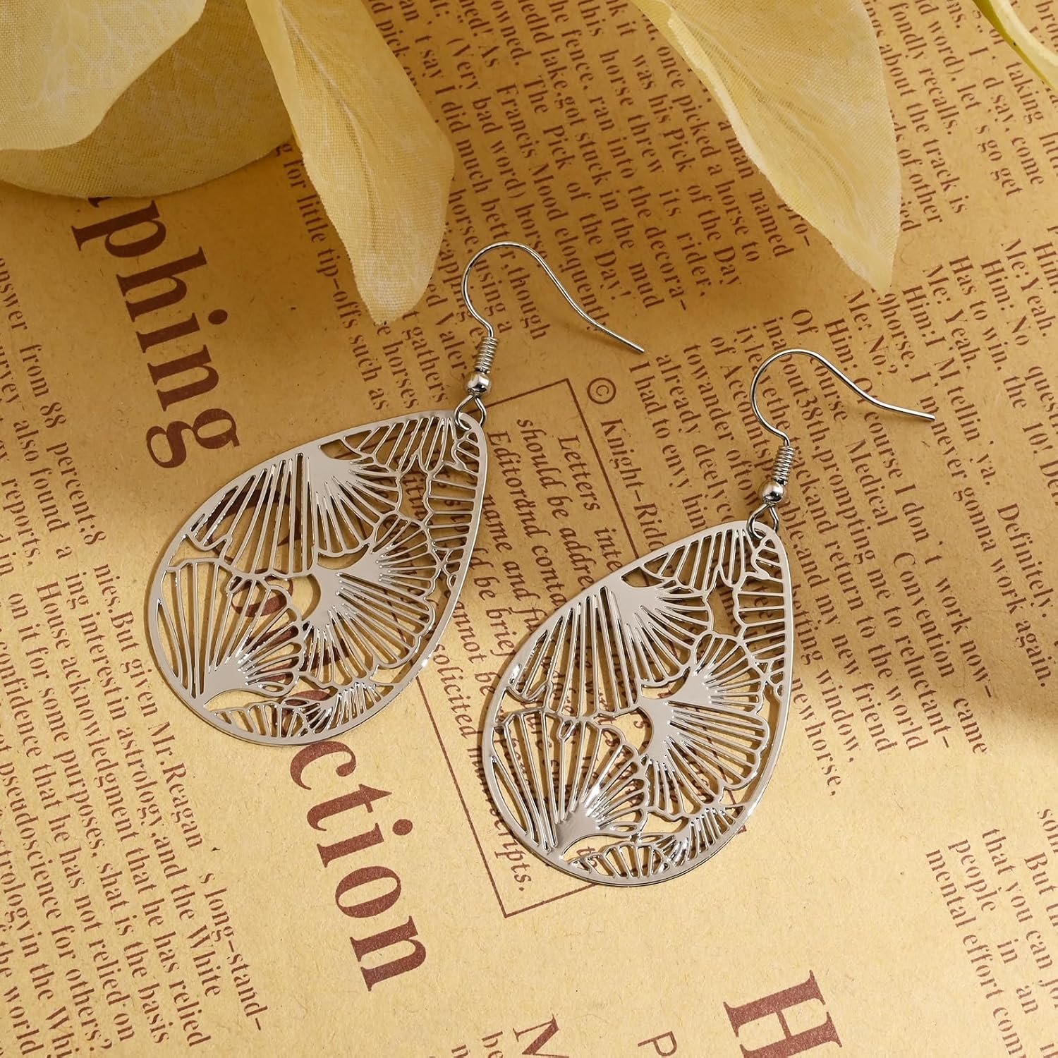 14K Gold Plated Silver Teardrop Filigree Dangle Earrings Lightweight Ginkgo Leaf Drop Earrings for Thanksgiving Christmas Gift - Image 6