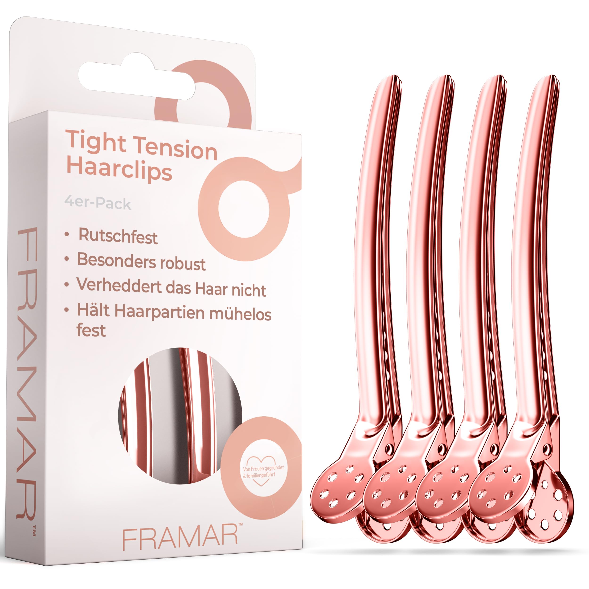 FRAMAR Haarspangen mit enger Spannung in Roségold, 4er-Set, professionelle Haarspangen für Damen, Haarklammern zum Stylen, Pince À Cheveux, Metall Rose Gold