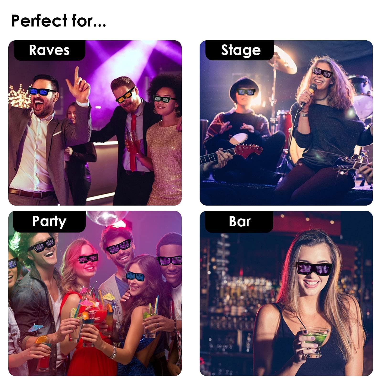 Queen.Y Occhiali LED Personalizzabili BT Illuminano Bluetooth Display a LED Collegato Occhiali Intelligenti Ricaricabili USB Fai Da Te Funky per Discoteca Party