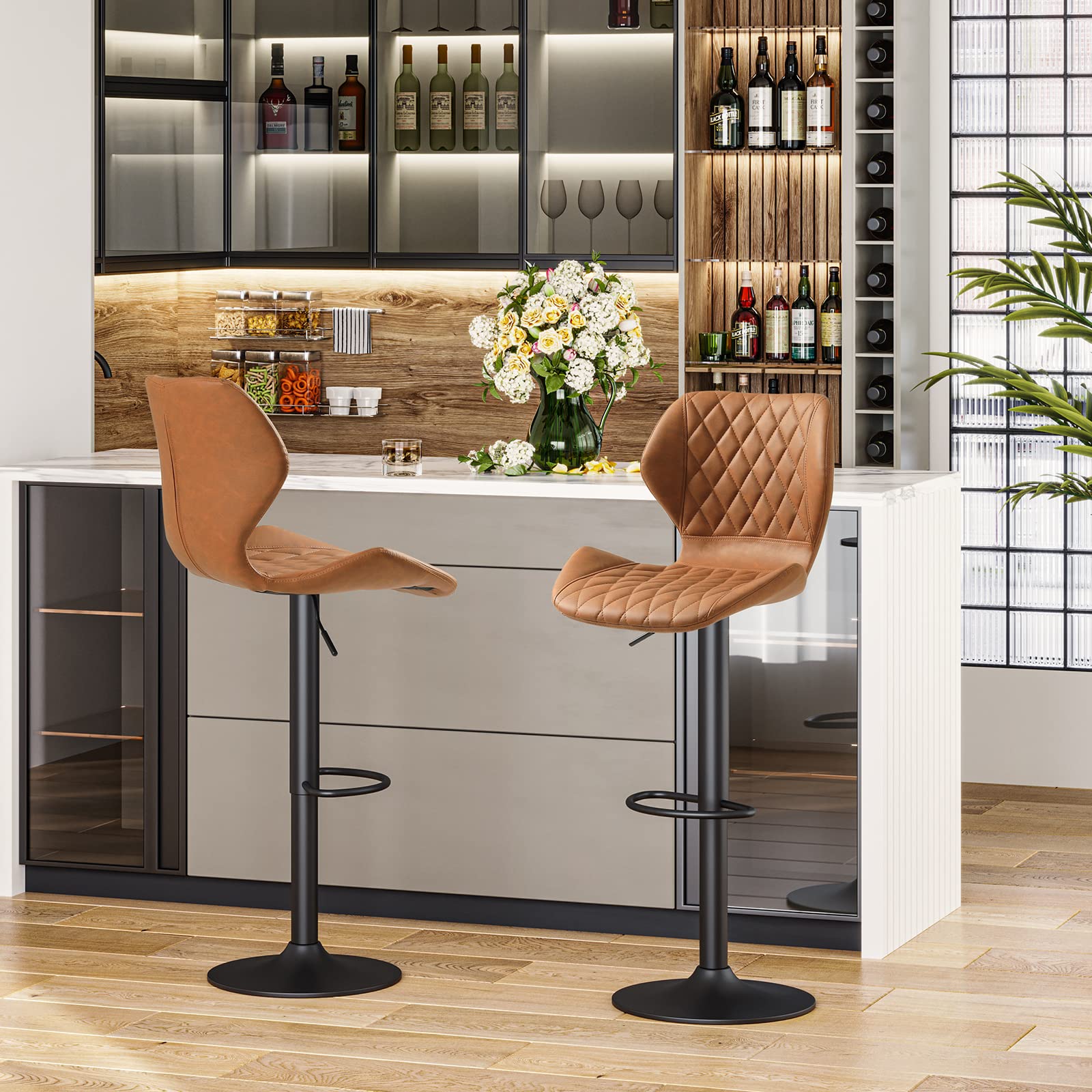 Buy DICTAC Leather Bar Stools Set of 2 Brown Adjustable Bar Stools, Breakfast Bar Stools Counter