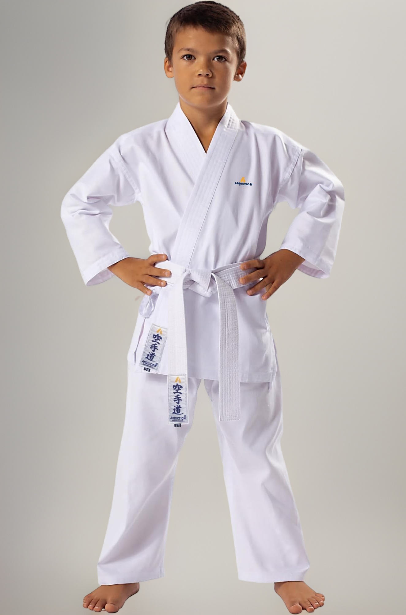 ADDICTION Kids Karate Training Uniform with White Belt – Traditional White Cotton Martial Arts Gi for Boys & Girls, Lightweight & Durable for Training & Competitions