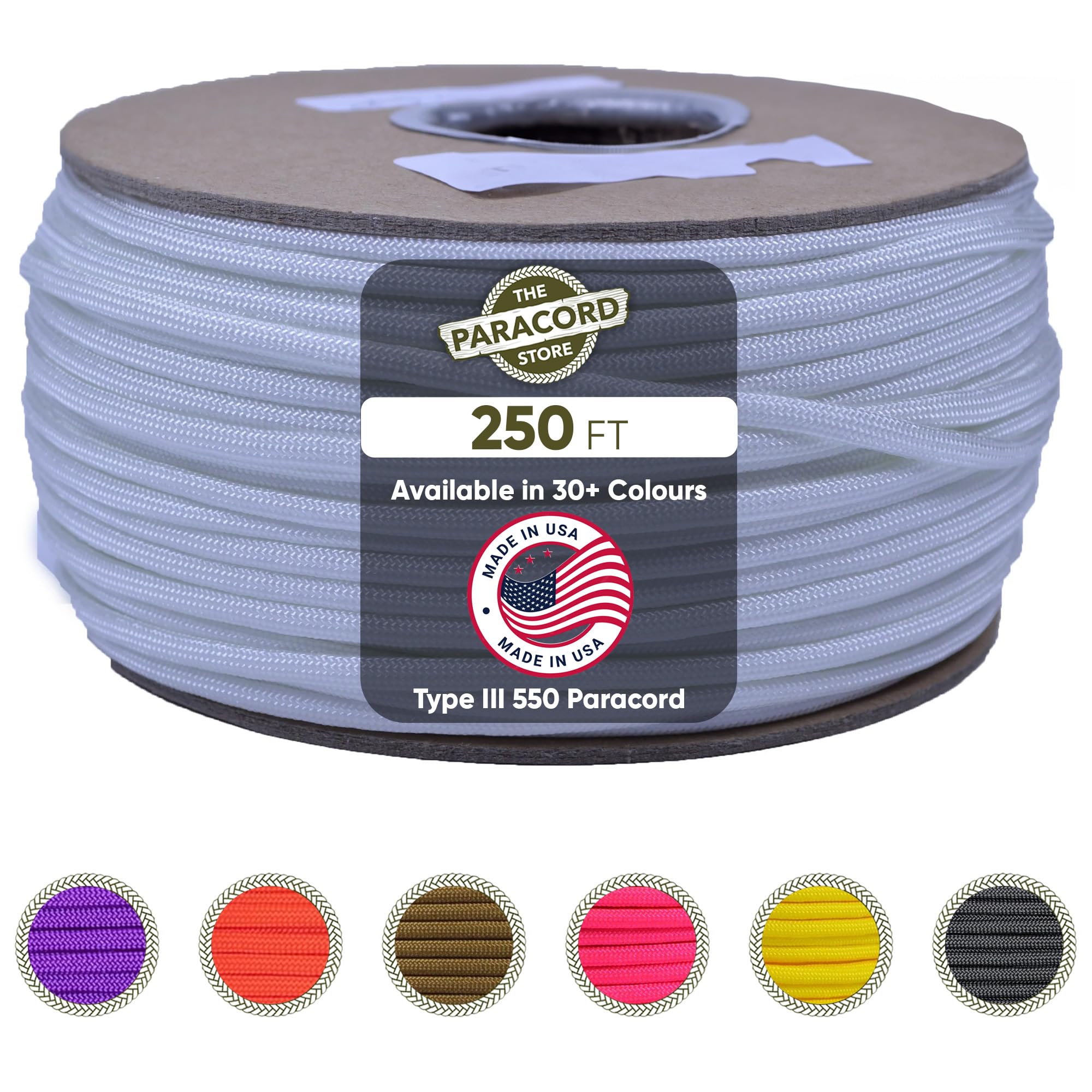 The Paracord Store - Cuerda de paracaídas 550 - Bobinas de 1,000 pies, carretes de 250 pies, mandril de 100 pies