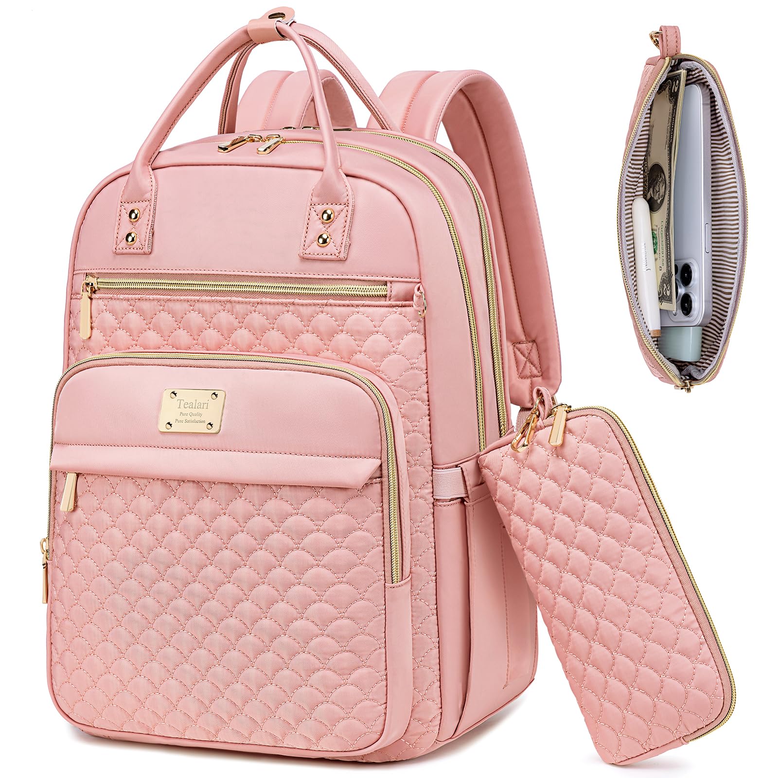 Tealari Zaino per laptop da donna, zaino per laptop da 15,6 pollici per lavoro, zaino da viaggio impermeabile, borsa per libri universitari con portafoglio