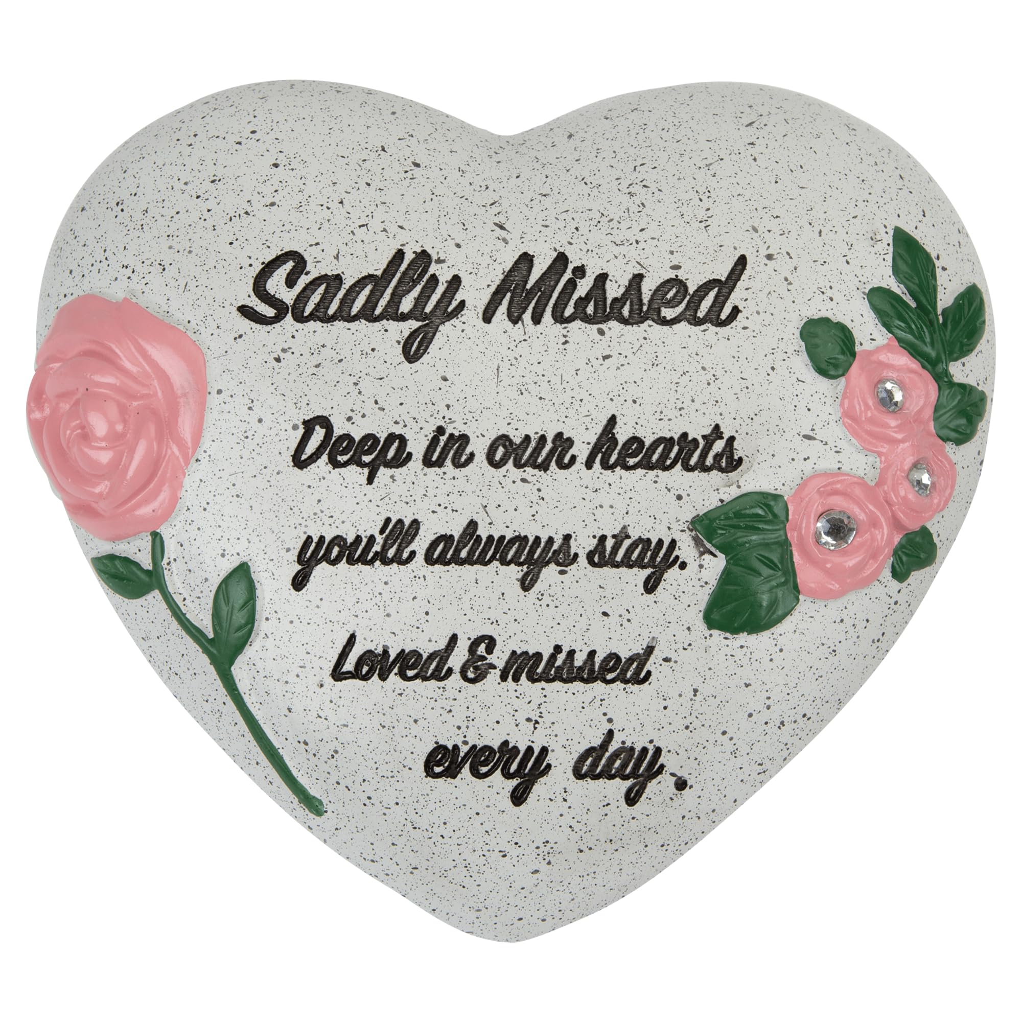 Pms Grey/Stone Sadly Missed Memorial Heart Ornament – Polyresin Graveside Memorial With White Roses & Diamantes – Sympathy Tribute Keepsake For Loved Ones – 16 X 14 Cm