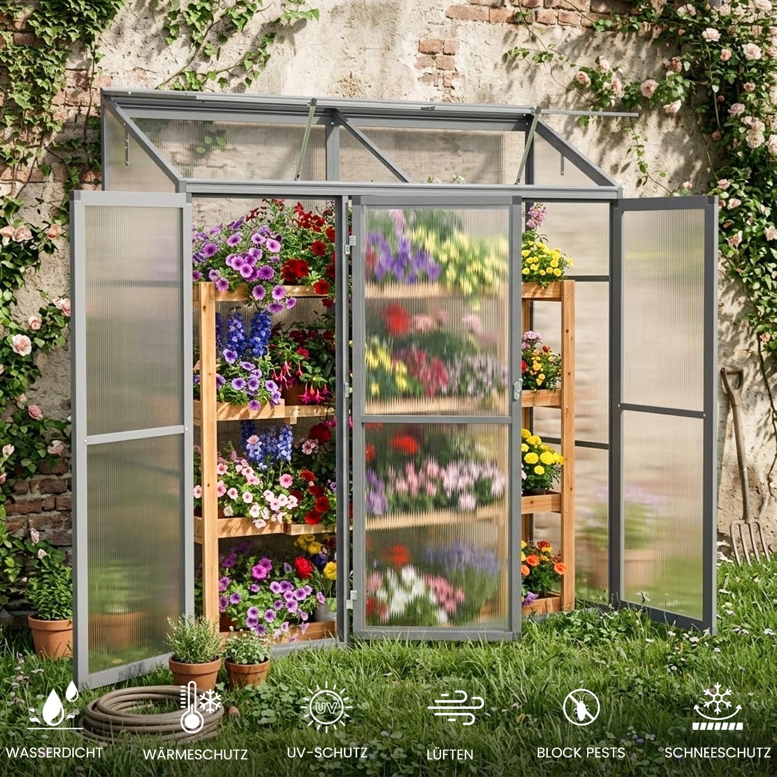 Anlehngewächshaus Tomaten Gewächshaus 180x55x190cm Aluminium - Beistell-Gewächshaus mit Rückwand, Winterfest Kleines Gewächshaus für Balkon & Garten, Frühbeet Treibhaus (Grau)