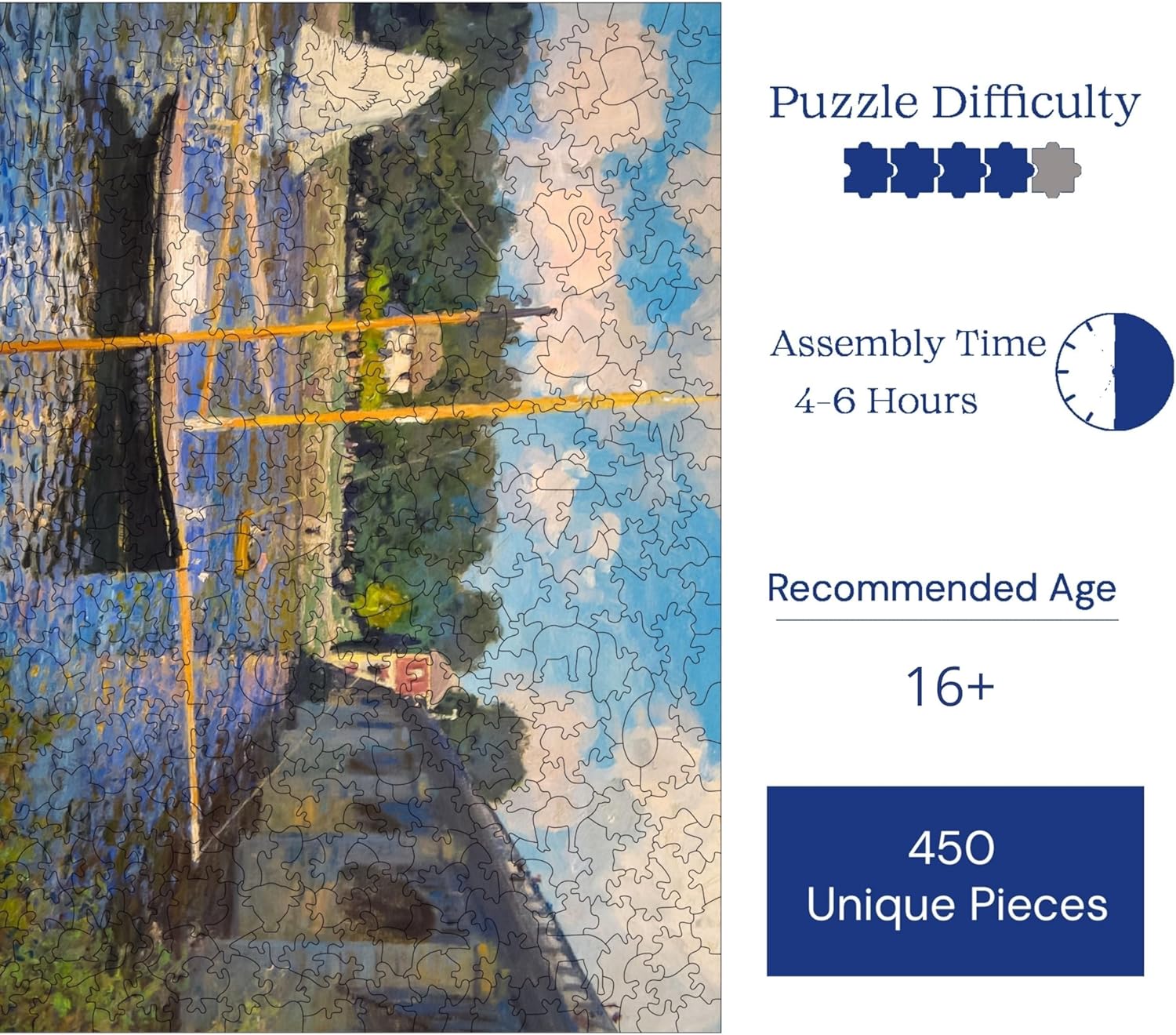 Wooden Puzzles for Adults, Claude Monet Argenteuil Bridge Premium Jigsaw Puzzles, 450 Pieces Challenging Wooden Jigsaw, 11,4" x15,4 (29x39 cm) Unique Shape, Wooden Jigsaw Puzzles for Adults