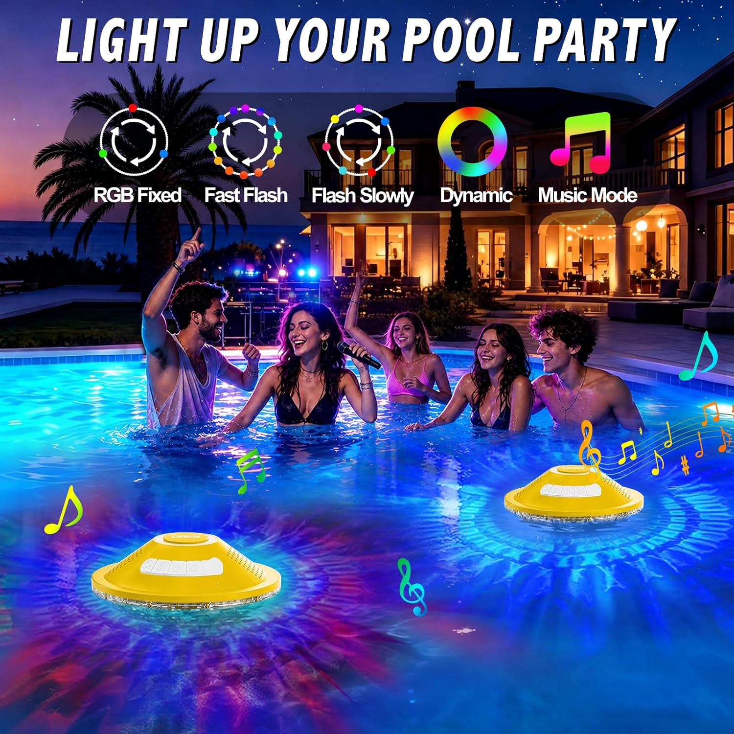 3 in 1 Floating Pool Fountain with Speaker & Lights Rechargeable, Yellow image 2