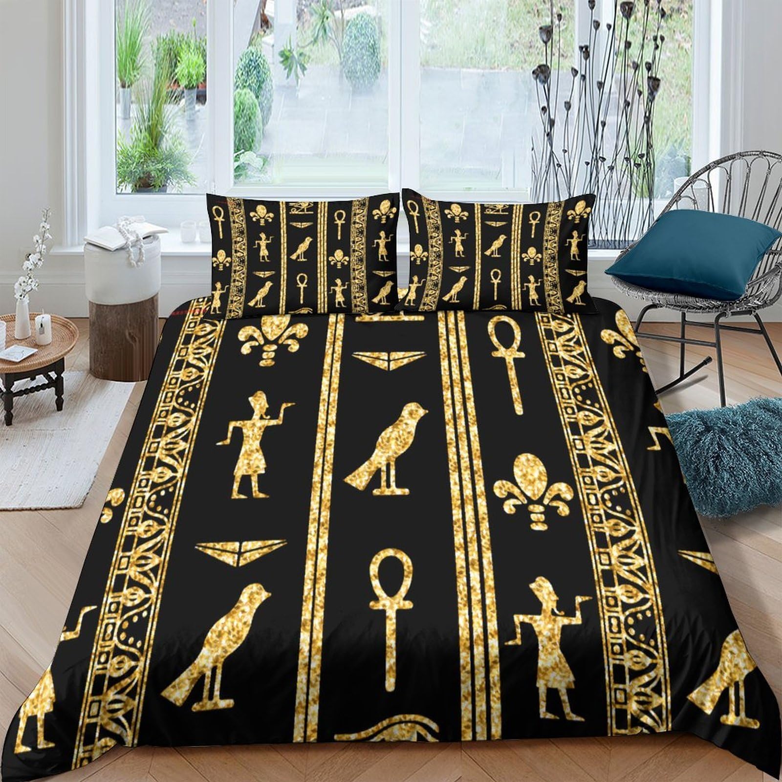 Ctjqhvkz Style-6 3D Printed Egyptian Hieroglyph Fitted Sheet Microfiber Black Gold Bed Cover For Bedroom Guest Room Decor Single（135X200cm）