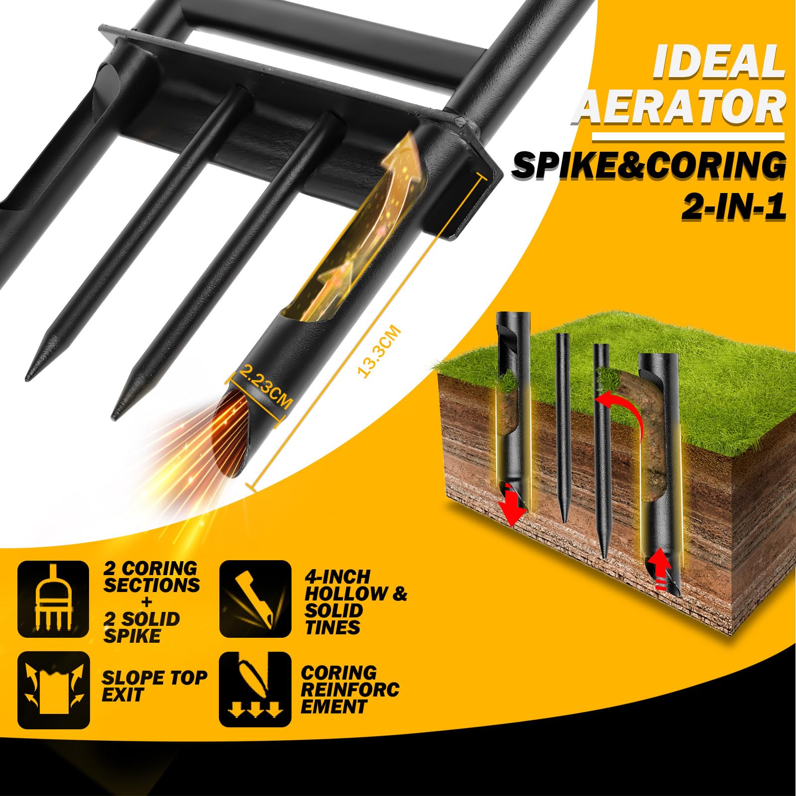 Huracan Aireador para césped, aireador de césped manual con 4 picos de acero, bandeja de almacenamiento, herramientas de jardín, mango en T, aireador de césped, pájaro carpintero para pequeños