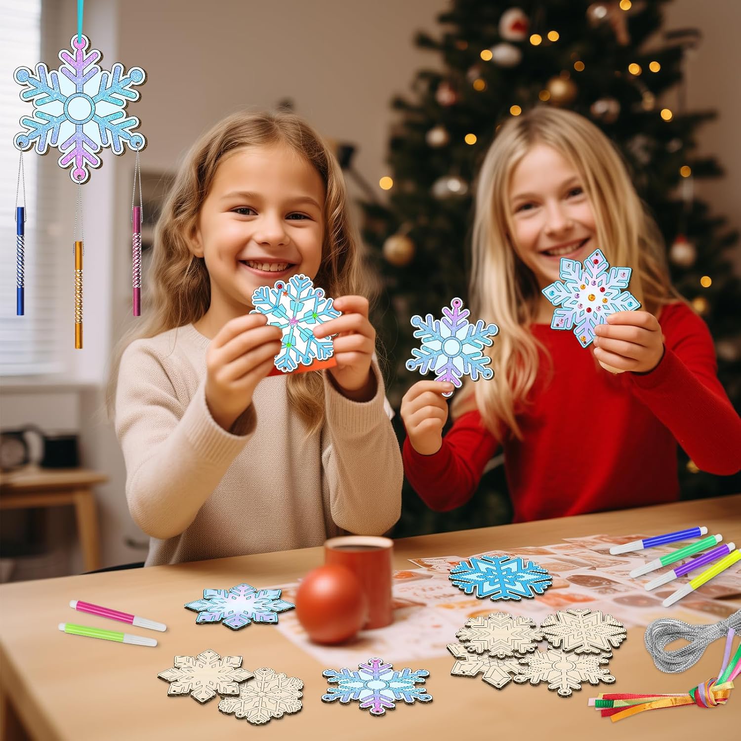 12 Pack Snowflake Wind Chime Kit for Kids, Christmas Make Your Own Snowflake Wind Chimes Xmas Holiday DIY Wind Spinner Unfinished Christmas Wood Snowflake Ornaments for Girls Boys