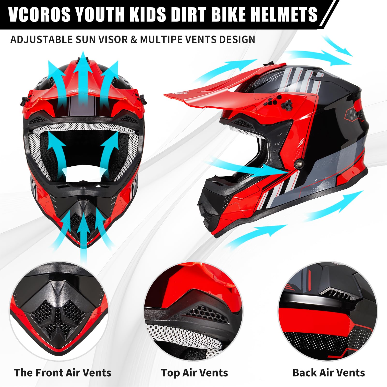 VCOROS Casco Motocross Bambino Set VS-905 Omologato ECE 22.06 per Dirt Bike